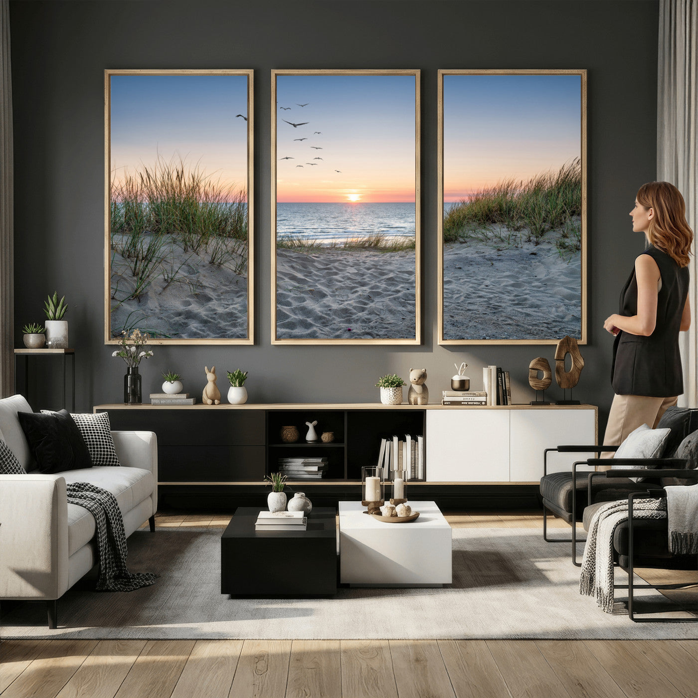 12172032-MGV-CV-36X24 - Sandy Dune Path Sunset Canvas Wall Art — Seagulls Beach Ocean Photography Print | Coastal Home Decor | Nautical Wall Art | Beach House Gift