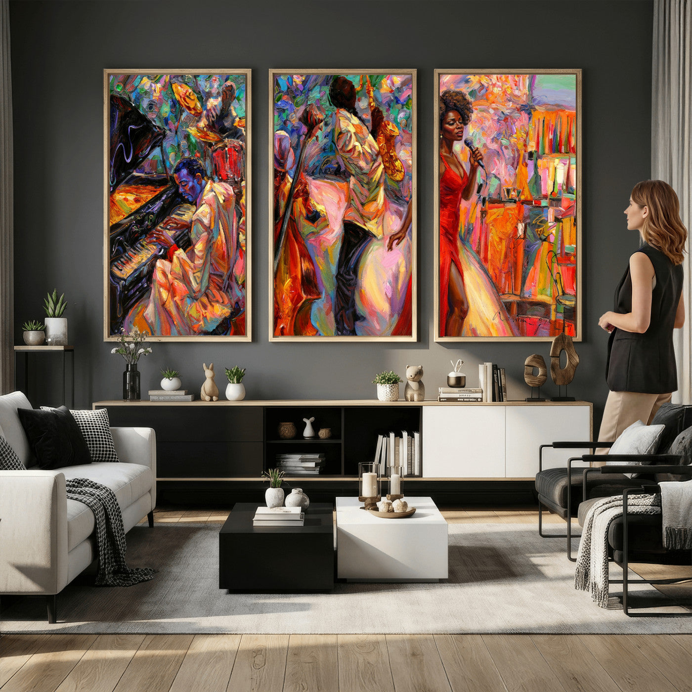 72615137-MGV-CV-36X24 - African American Jazz Singer Canvas Art - Red Dress Black Woman Music Print | Colorful Jazz Band Wall Decor | Living Room Gift for Her