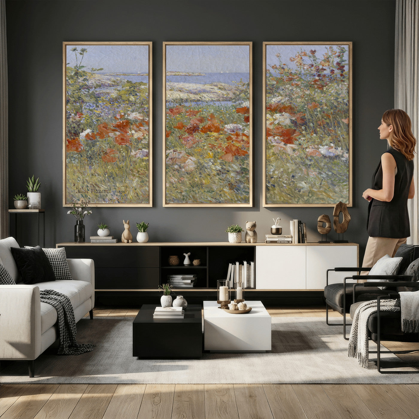 54770907-MGV-CV-36X24 - Childe Hassam Celia Thaxter Garden Canvas — 1890 American Impressionist Poppy Floral Print | Isles of Shoals Coastal Art | Classic Gift