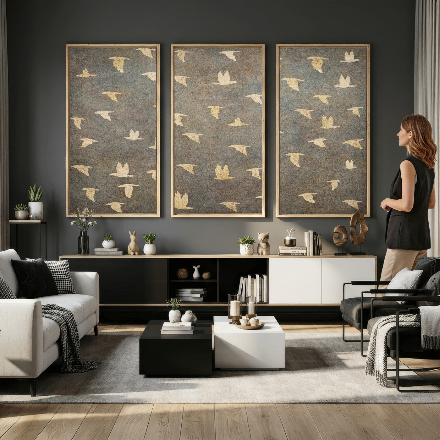 74076164-MGV-CV-36X24 - Flying Birds Canvas Wall Art, Vintage Bird Flock Pattern Print, Grey Gold Abstract Nature Decor, Rustic Bird Silhouette Art, Boho Living Room Decor