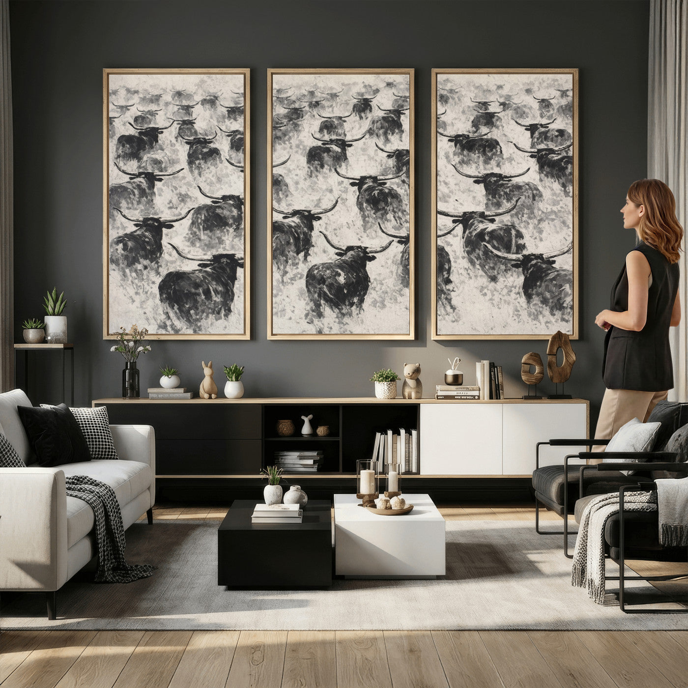 73328525-MGV-CV-36X24 - Texas Longhorn Drawing Canvas Wall Art, Western Cattle Stampede Painting Print, Warm Amber Ranch Decor, Rustic Cowboy Home Art, Large Living Room Decor