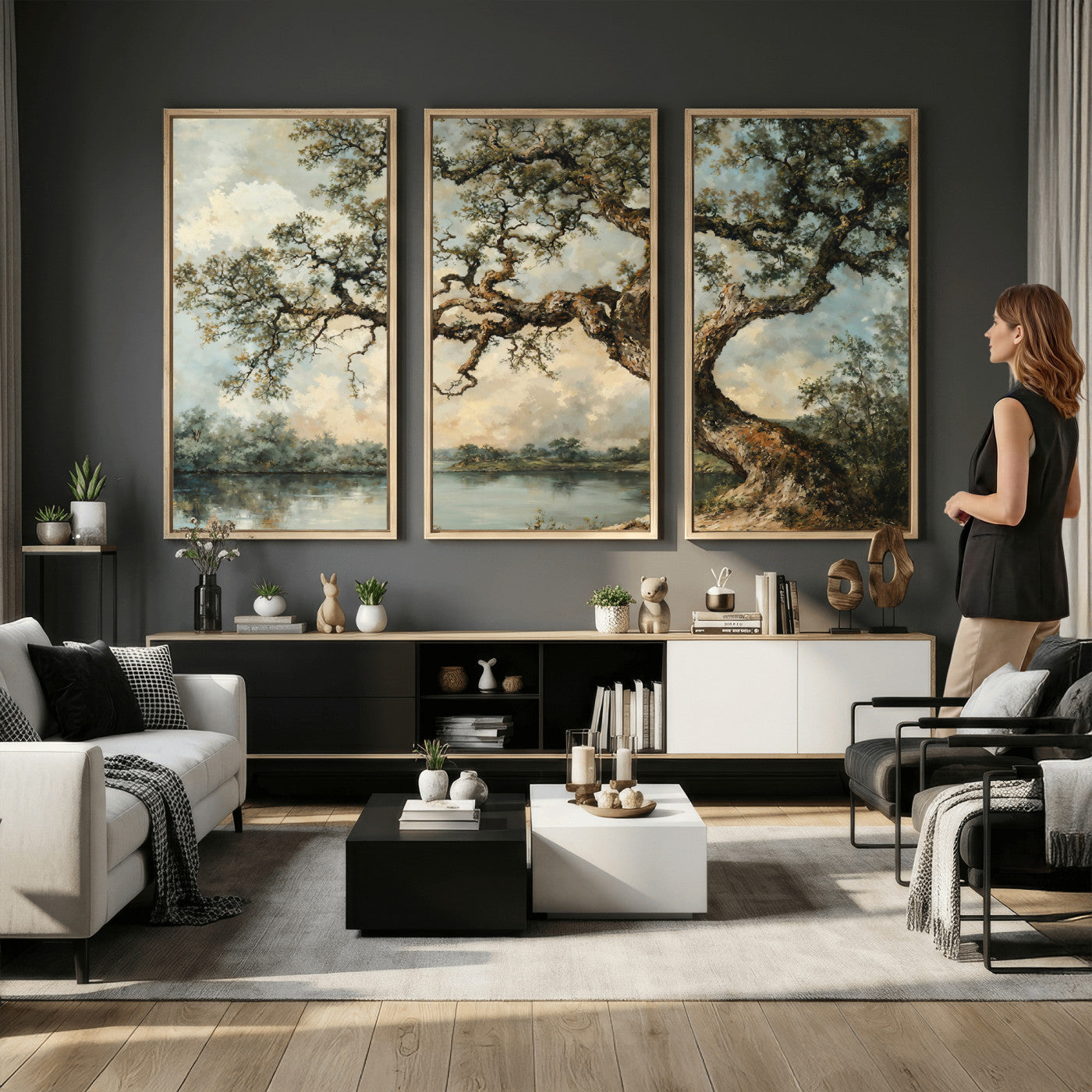 63857726-MGV-CV-36X24 - Old Oak Tree Canvas Wall Art, Turner Inspired Romantic Landscape Print, Vintage Nature Painting, Living Room Wall Decor, Antique Style Tree Art