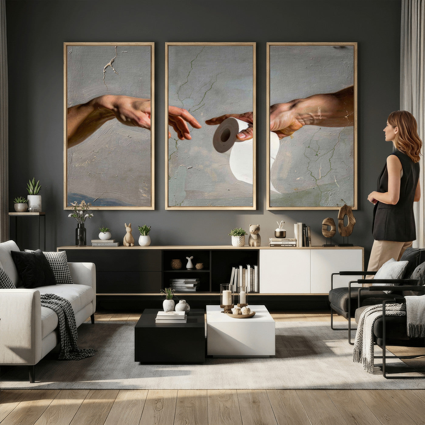 72030048-MGV-CV-36X24 - Funny Bathroom Wall Art Canvas, Creation of Toilet Paper Parody Print, Renaissance Humor Decor, Toilet Room Art, Quirky Housewarming Gift, Classic Art Spoof