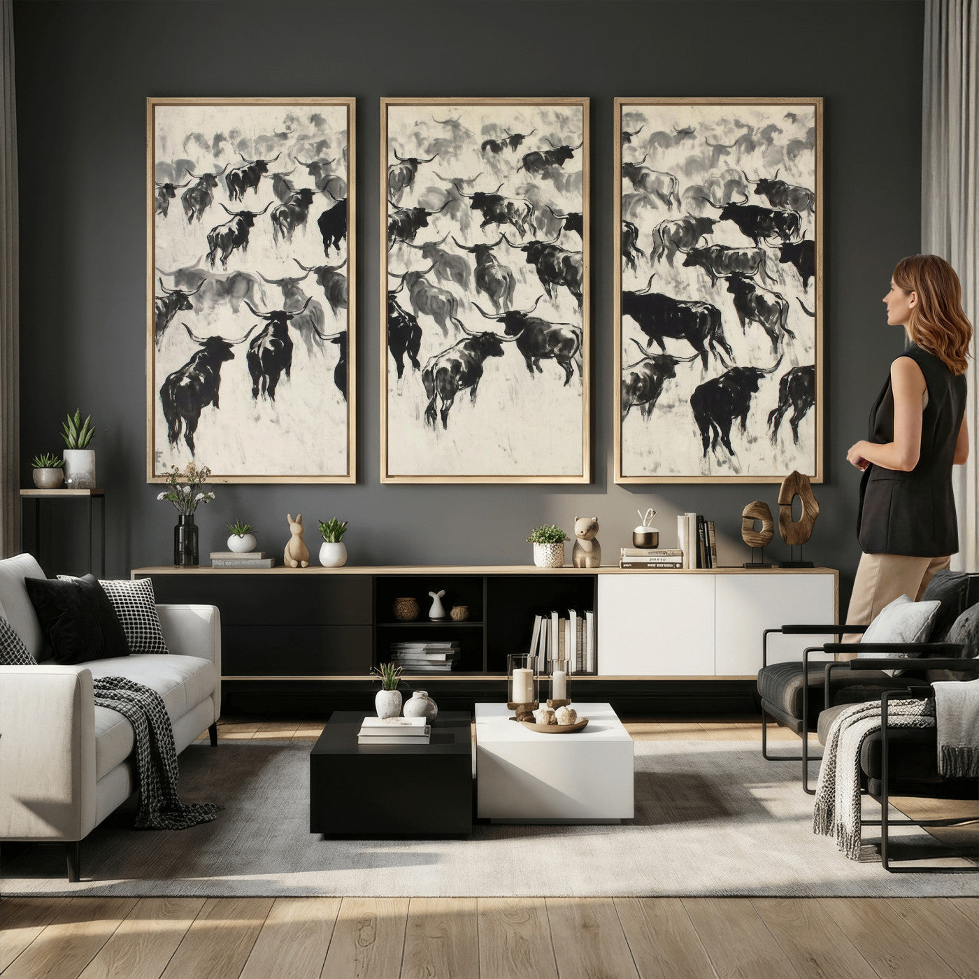 68669792-MGV-CV-36X24 - Longhorn Cattle Canvas Wall Art, Black White Stampede Ink Painting Print, Western Farmhouse Decor, Bull Herd Art, Large Living Room Wall Art, Ranch Home Decor