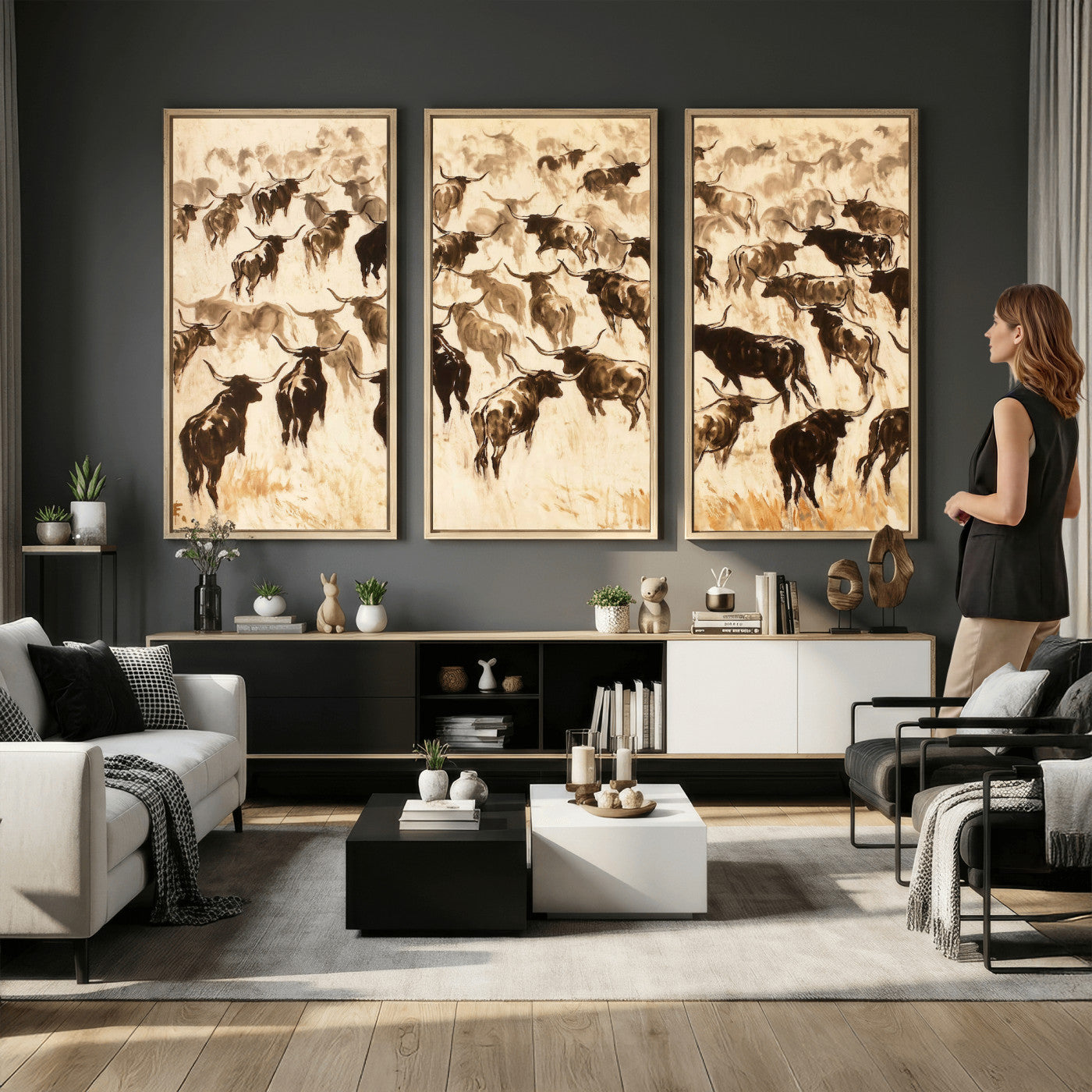 39077774-MGV-CV-36X24 - Texas Longhorn Sepia Canvas Wall Art, Western Cattle Stampede Painting Print, Warm Amber Ranch Decor, Rustic Cowboy Home Art, Large Living Room Decor