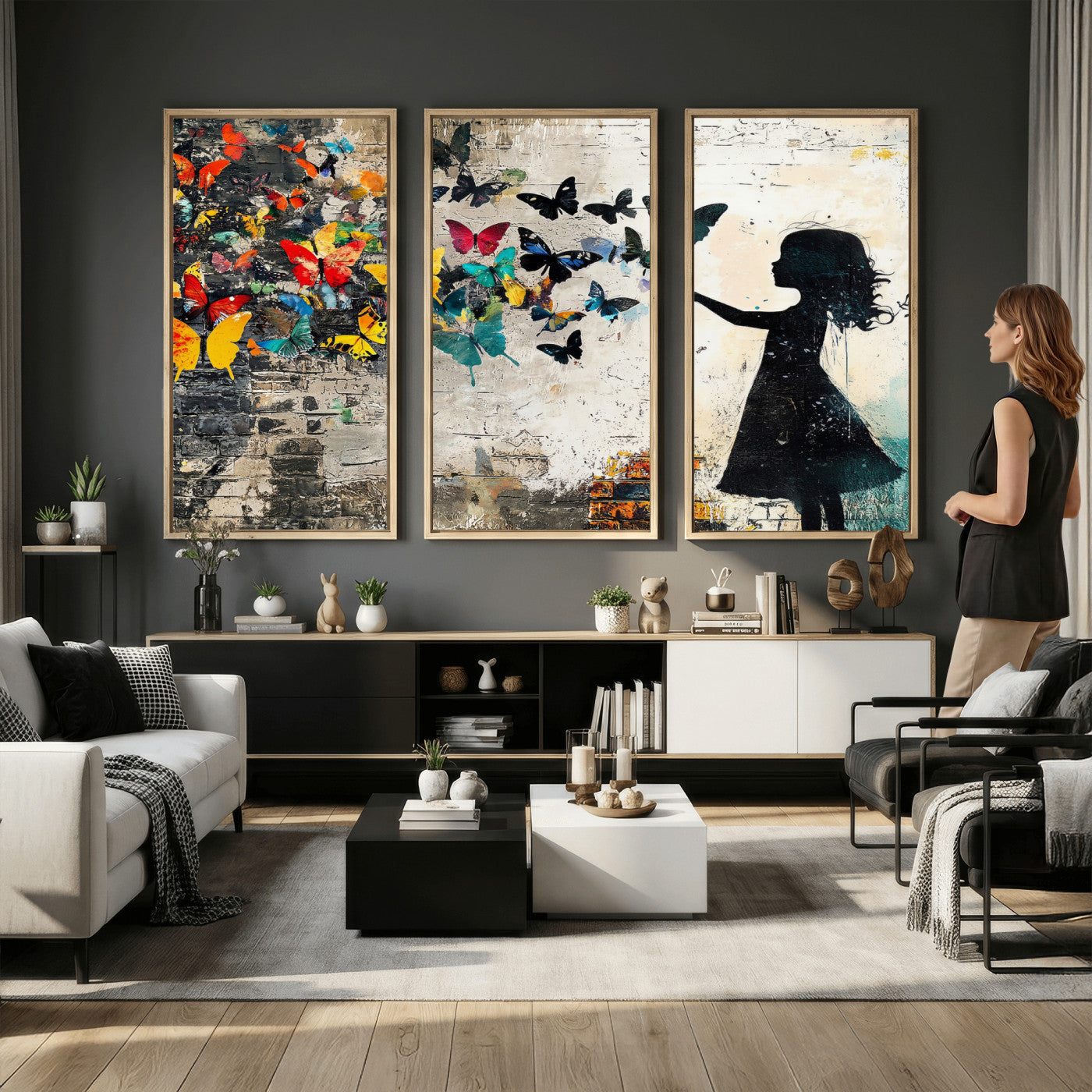 33909022-MGV-CV-36X24 - Banksy Butterfly Girl Wall Art Canvas Print, Framed Street Art Silhouette Graffiti Artwork, Colorful Butterfly Wall Decor for Living Room Bedroom Office