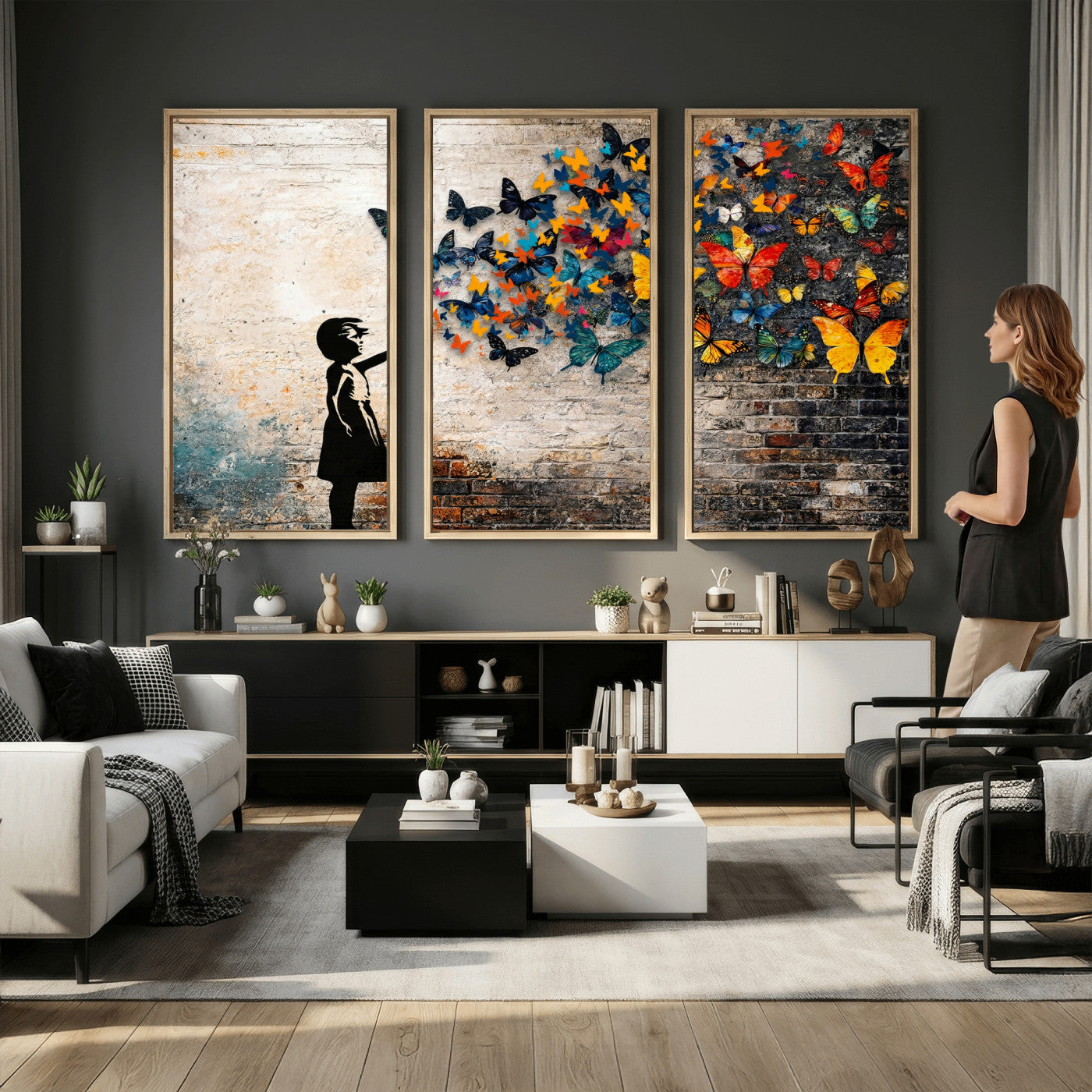 78760384-MGV-CV-36X24 - Banksy Graffiti Butterfly Girl Wall Art Canvas Print, Framed Street Art Canvas Print, Silhouette Butterfly Wall Art for Living Room Bedroom Office