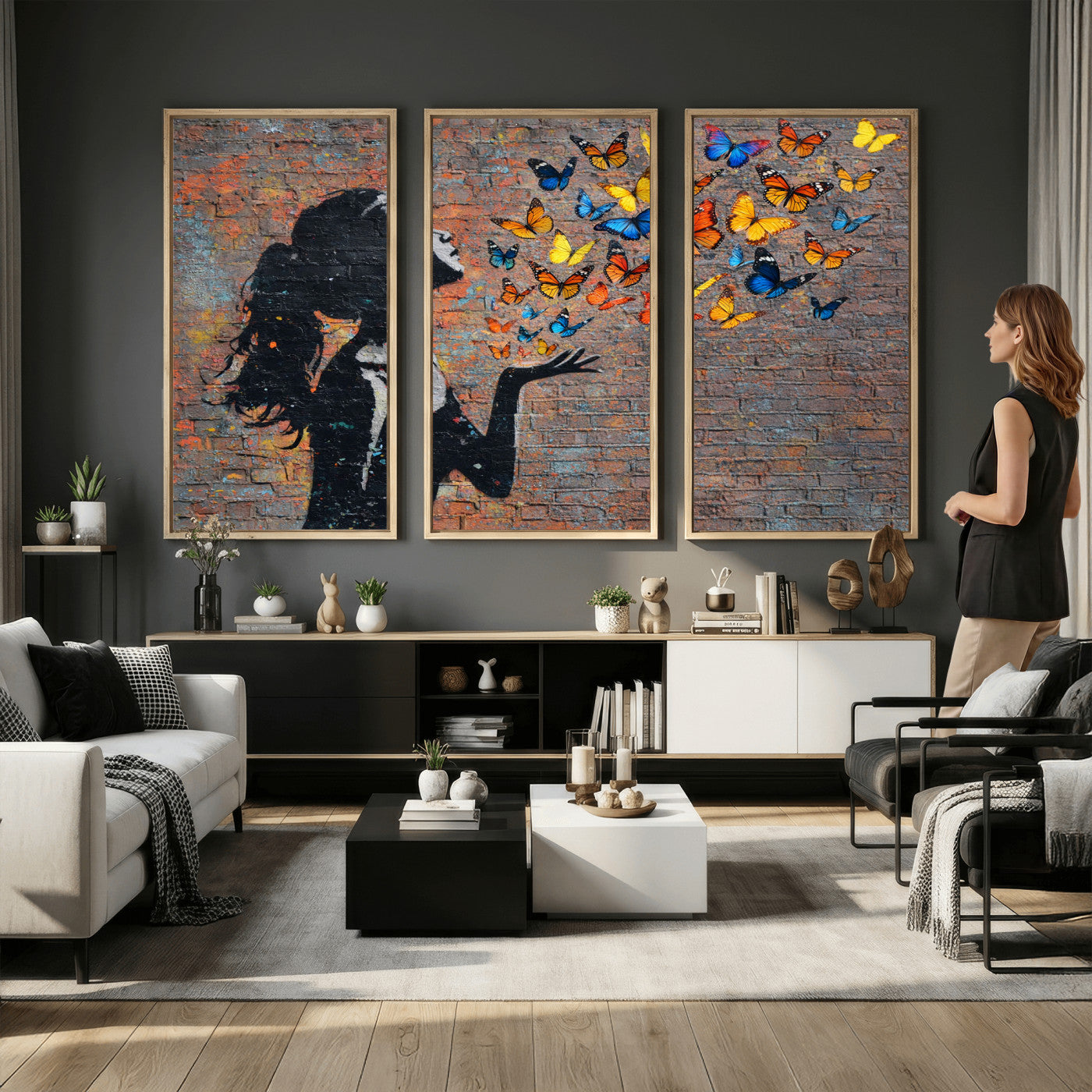 10555939-MGV-CV-36X24 - Urban Banksy Butterfly Girl Wall Art Canvas Print, Framed Street Art Canvas Print, Graffiti Silhouette Butterfly Wall Art for Living Room Bedroom Office