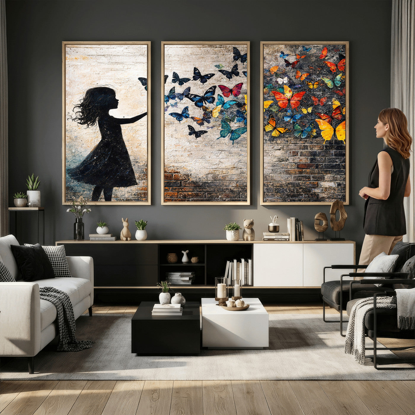 70522594-MGV-CV-36X24 - Banksy Butterfly Girl Wall Art Canvas Print, Framed Street Art Canvas Print, Graffiti Silhouette Butterfly Wall Art for Living Room Bedroom Office