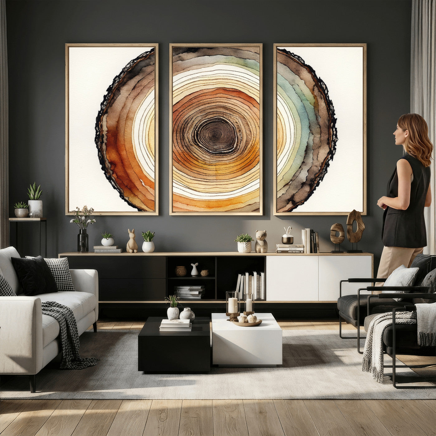 13719680-MGV-CV-36X24 - Natural Wood Slice Wall Art Canvas Print, Tree Ring Wall Art, Framed Abstract Nature Wall Decor, Earth Tone Statement Canvas Print