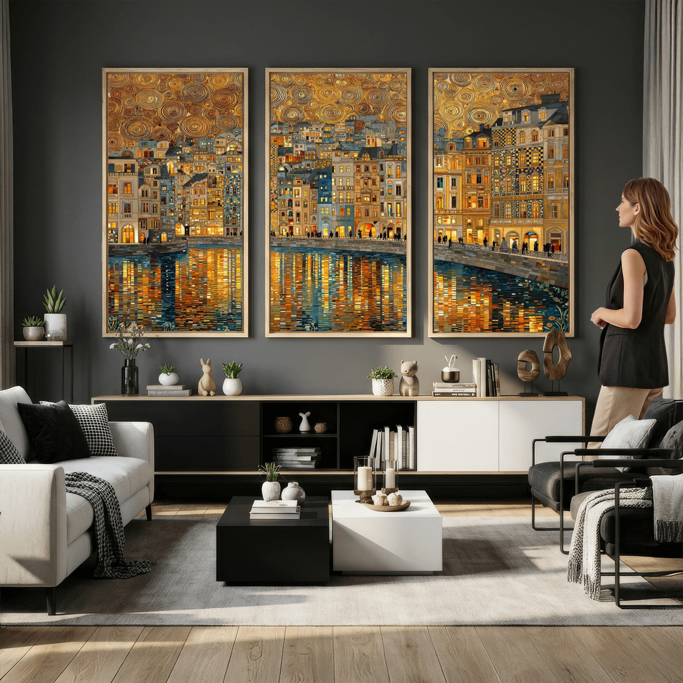 94022787-MGV-CV-36X24 - Gustav Klimt Golden Cityscape Wall Art Canvas Print, Framed River Town Landscape Artwork, Ornate Architecture Wall Decor for Living Room Bedroom Office