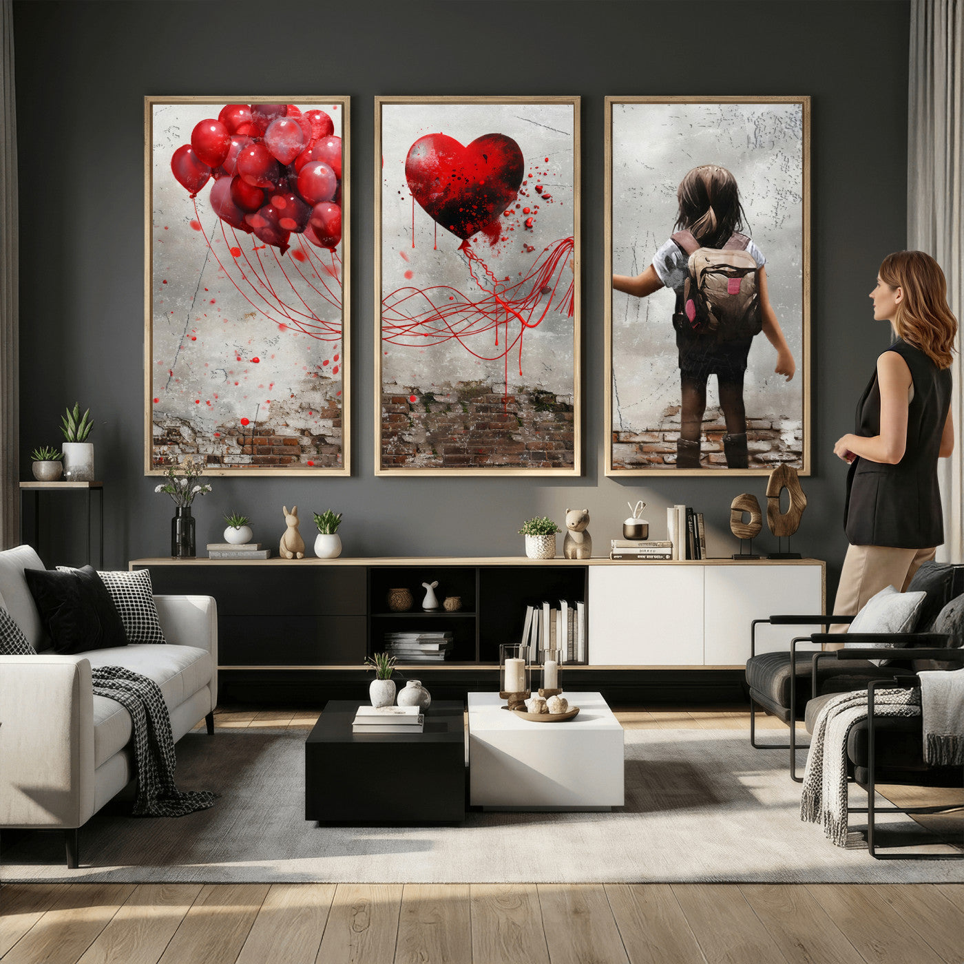 2162830T-MGV-CV-36X24 - Girl Graffiti Wall Art Canvas Print, Red Balloon Heart Street Art, Urban Love Artwork for Living Room Bedroom Hallway Office, Modern Abstract Canvas Wall Decor Home Decor