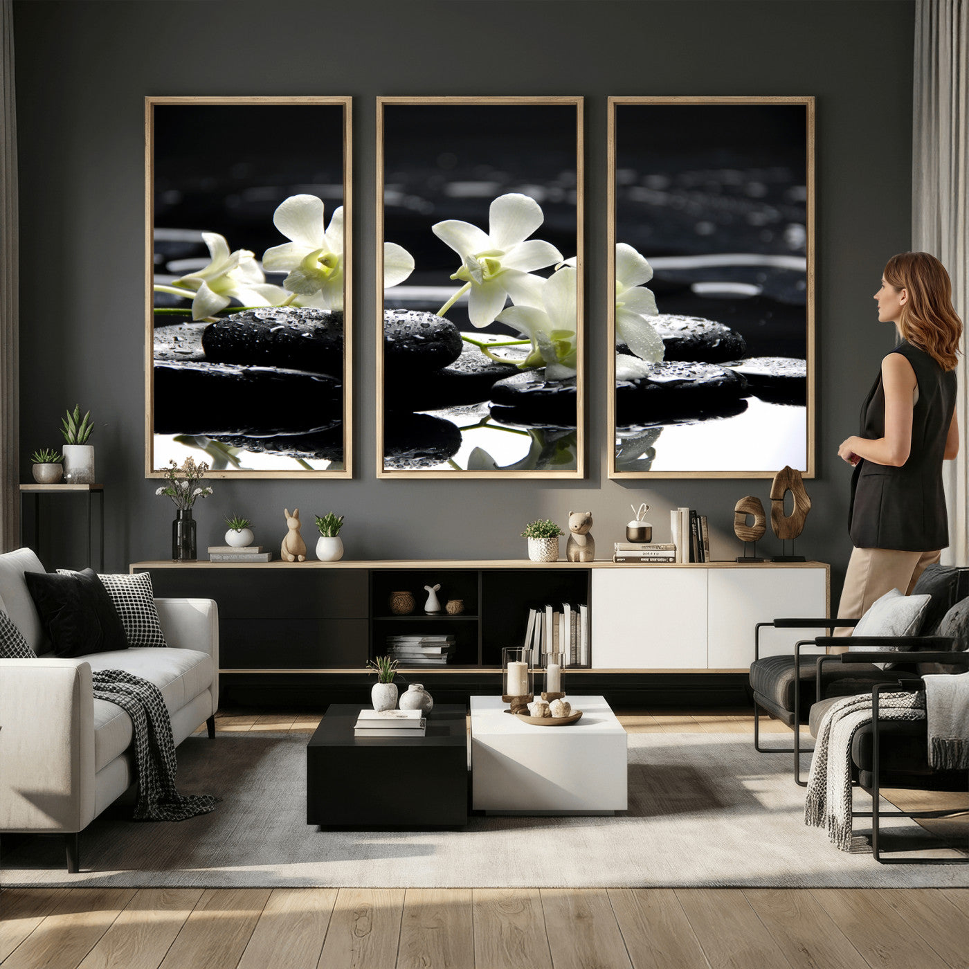 79486206-MGV-CV-36X24 - Plumeria Frangipani Black Stone Canvas | White Flower Spa Photography Print | Tropical Zen Wall Art | Grey Pebble Floral for Meditation Room Decor