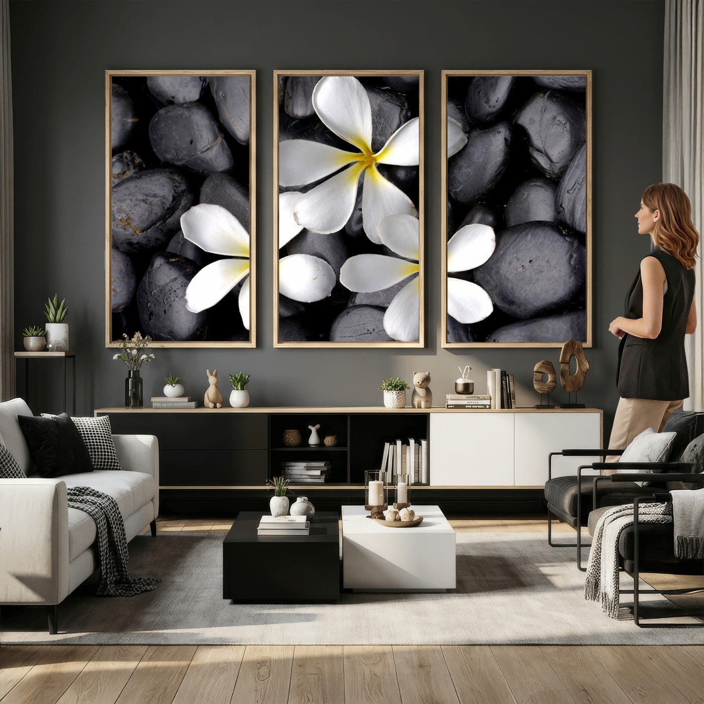43639613-MGV-CV-36X24 - Plumeria Frangipani Black Stone Canvas | White Flower Spa Photography Print | Tropical Zen Wall Art | Grey Pebble Floral Decor