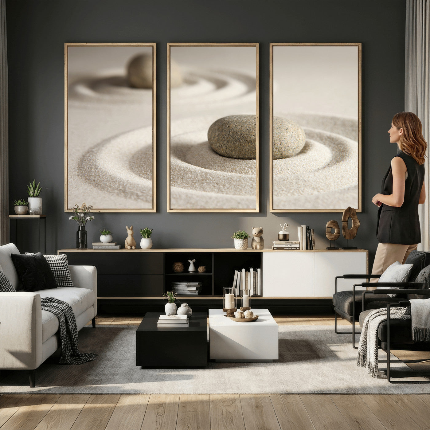 13397966-MGV-CV-36X24 - Zen Garden Stone Sand Canvas | Japanese Rock Garden Wall Art | Minimalist Meditation Print | Neutral Beige Mindfulness Decor