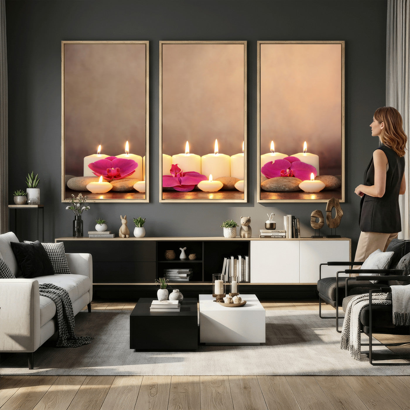 59470569-MGV-CV-36X24 - Spa Candles Orchid Canvas Print | Zen Wellness Relaxation Wall Art | Pink Flower Candlelight Bathroom Decor | Calm Beige Photography