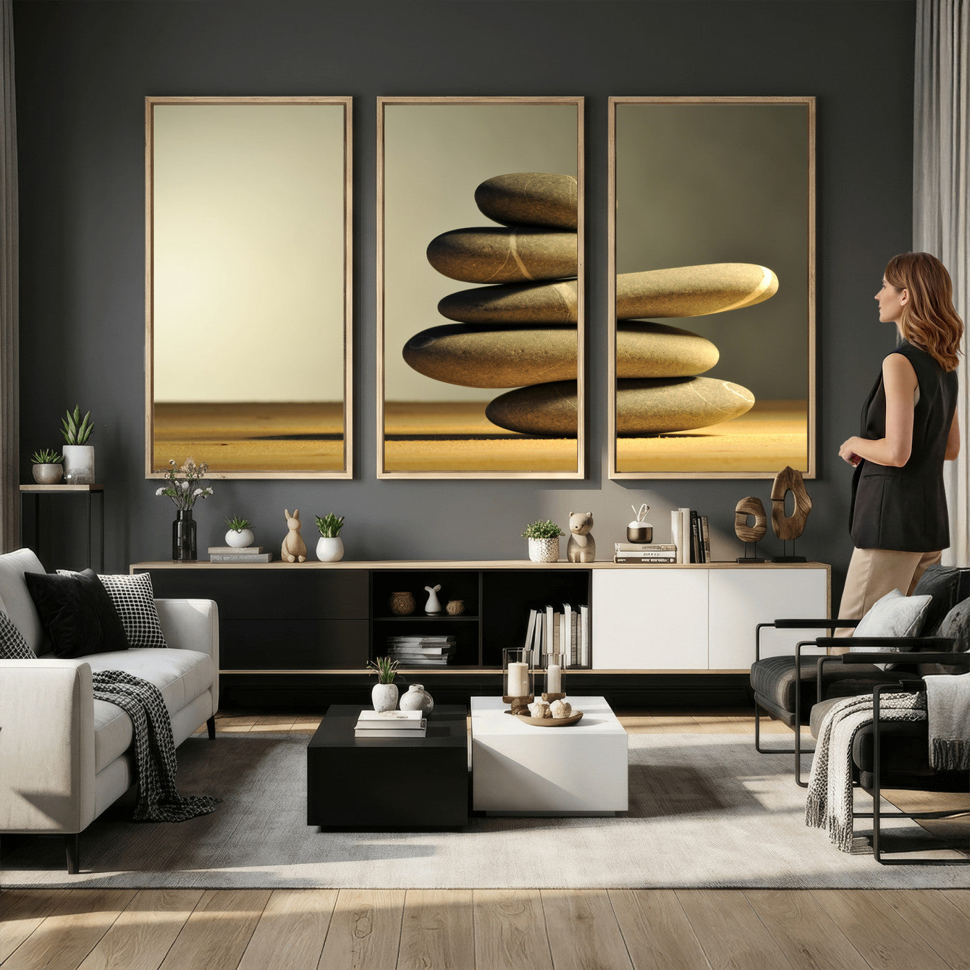 85424263-MGV-CV-36X24 - Zen Stone Wall Art Canvas Print, Balanced Rock Stack Framed Spa Artwork, Minimalist Meditation Decor for Living Room Bedroom Office Bathroom