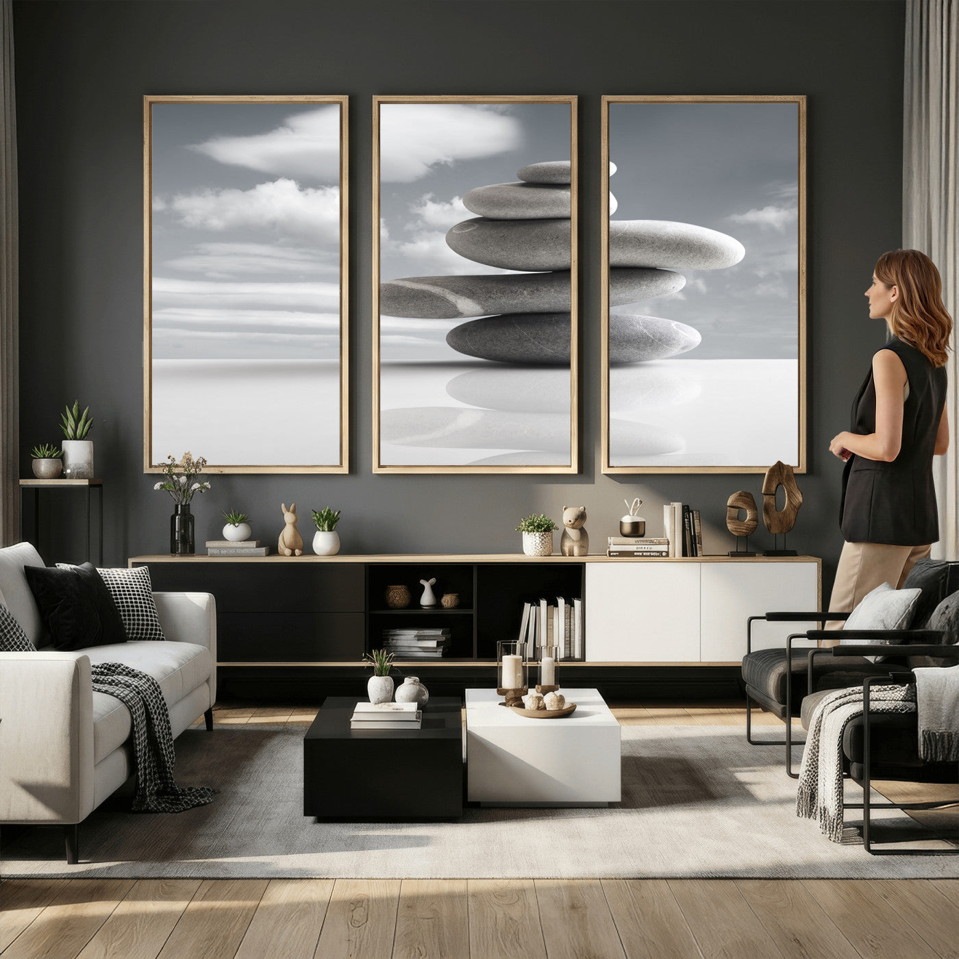 86426188-MGV-CV-36X24 - Zen Stone Wall Art Canvas Print, Balanced Rock Stack Framed Spa Artwork, Minimalist Meditation Decor for Living Room Bedroom Office Bathroom