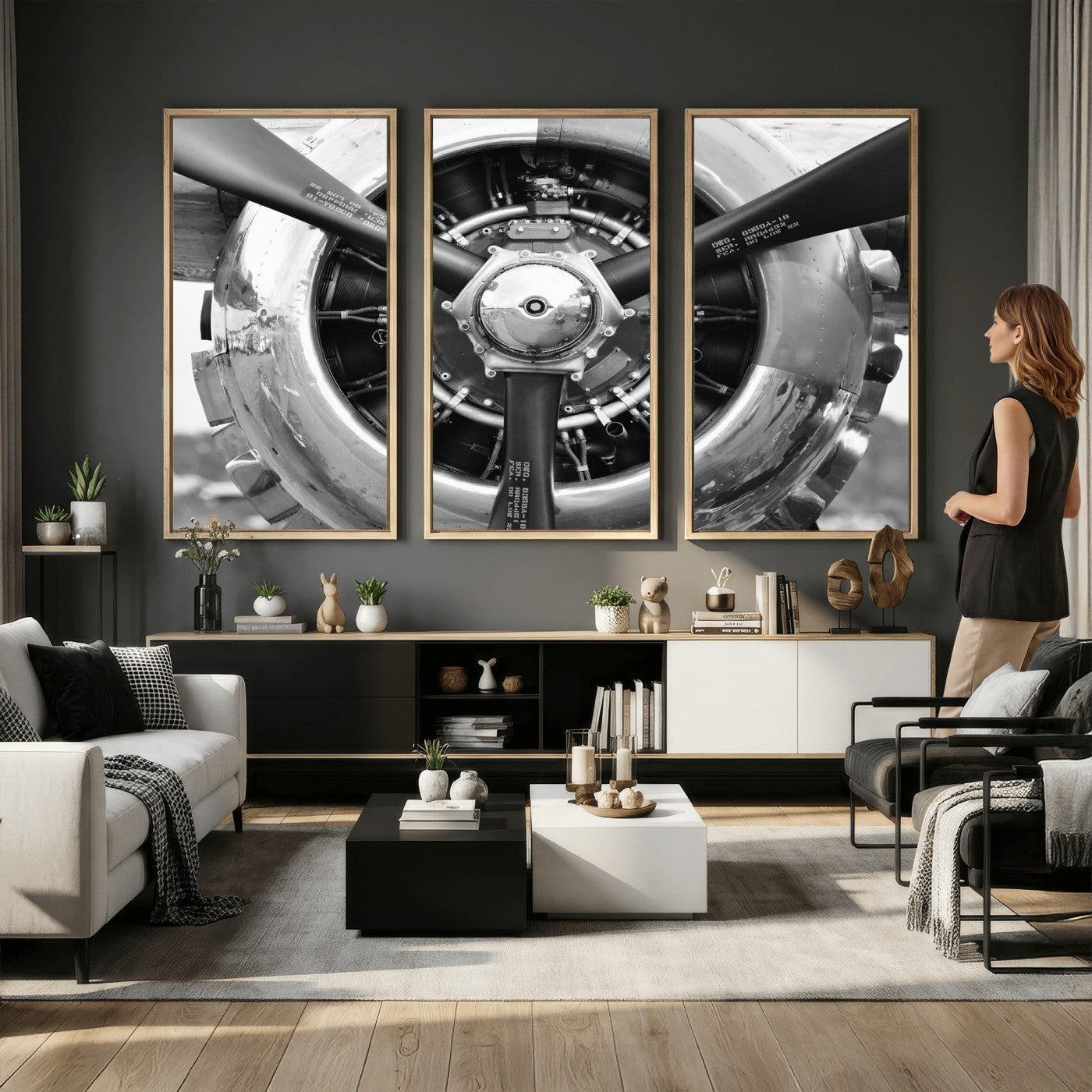 73322230-MGV-CV-36X24 - Vintage Propeller Plane Wall Art Canvas Print, Black and White Airplane Engine Close Up Framed Aviation Artwork for Pilot Office Hangar Decor
