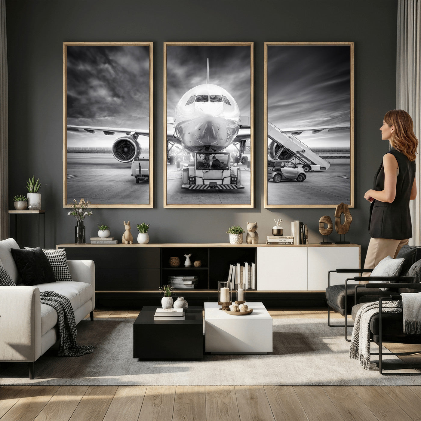 85885848-MGV-CV-36X24 - Airplane Wall Art Canvas Print, Black and White Jet Aircraft Airport Runway Framed Aviation Artwork for Pilot Office Hangar Travel Decor