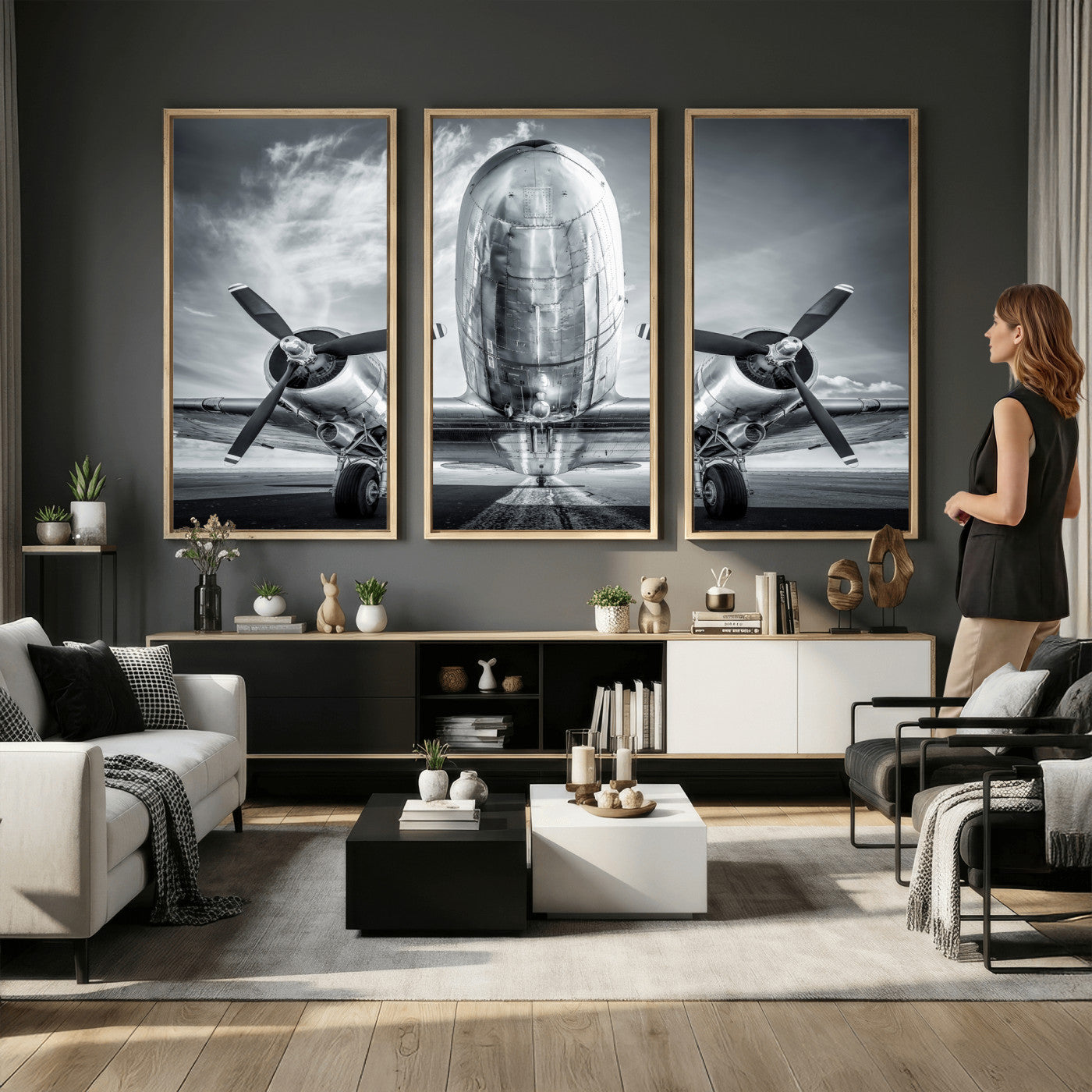 59729636-MGV-CV-36X24 - Vintage Propeller Plane Wall Art Canvas Print, Black and White Airplane Engine Close Up Framed Aviation Artwork for Pilot Office Hangar Decor