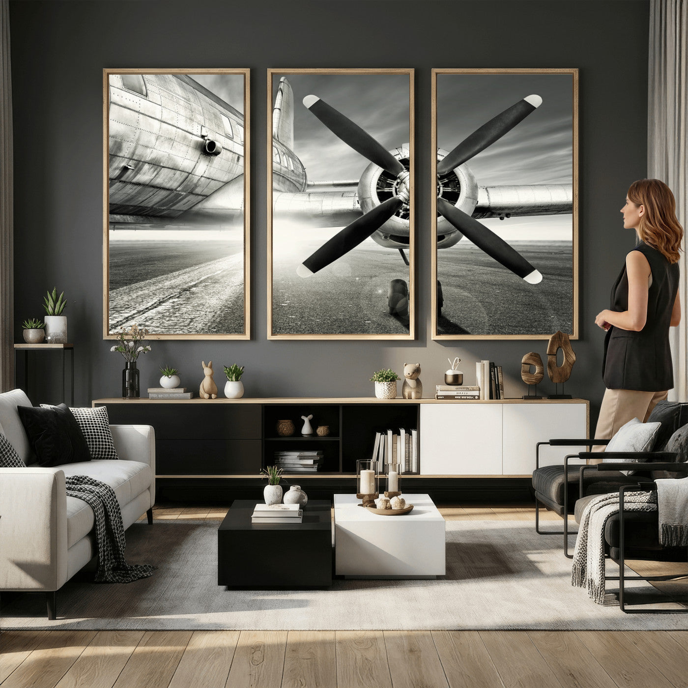 16420255-MGV-CV-36X24 - Vintage Airplane Wall Art Canvas Print, Black and White Propeller Aircraft Framed Aviation Artwork for Pilot Office Hangar Living Room Decor