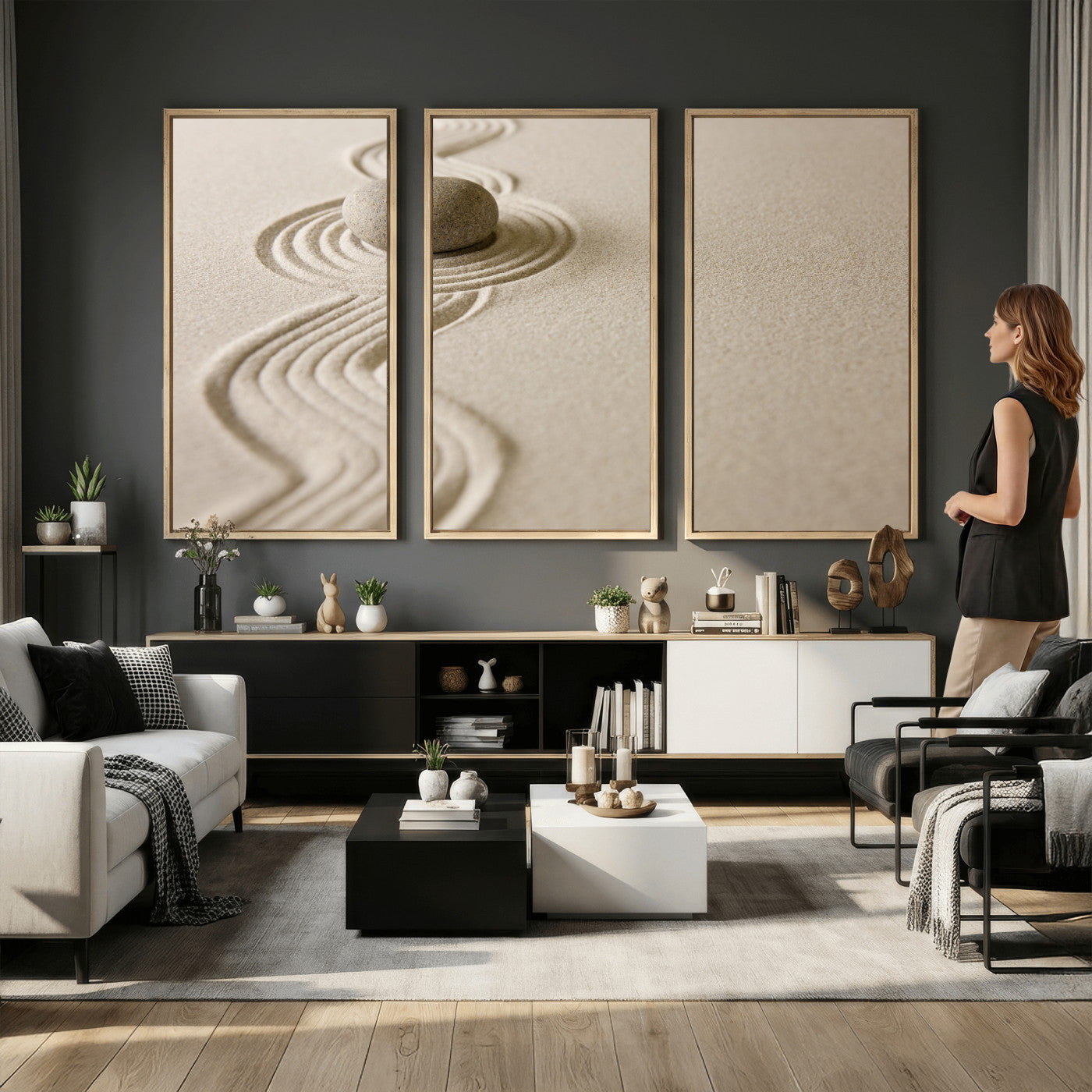 66852661-MGV-CV-36X24 - Zen Garden Stone Sand Canvas | Japanese Rock Garden Wall Art | Minimalist Meditation Print | Neutral Beige Mindfulness Decor