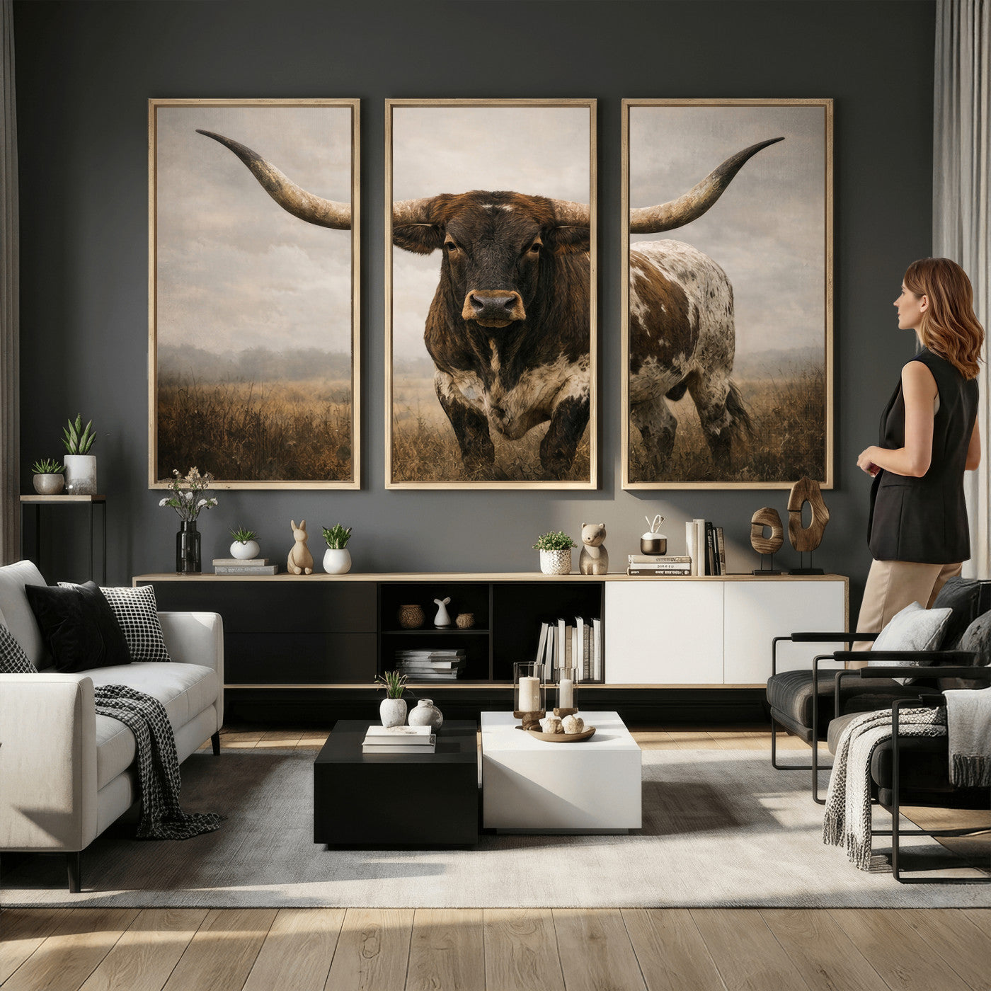 17622011L-MGV-CV-36X24 - Longhorn Bull Wall Art Canvas Print, Western Farmhouse Cowboy Decor, Rustic Texas Ranch Cattle Artwork for Living Room Bedroom Office, Framed Wall Decor