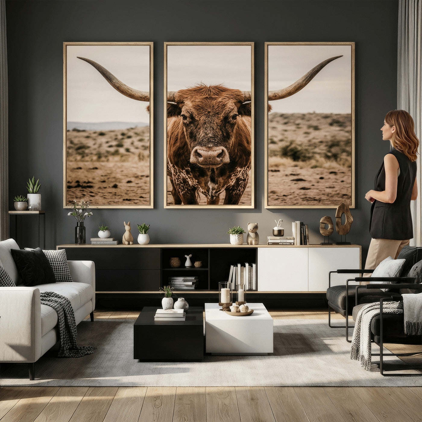 17622011K-MGV-CV-36X24 - Texas Longhorn Bull Wall Art Canvas Print, Western Farmhouse Cowboy Decor, Rustic Texas Ranch Cattle Artwork for Living Room Bedroom Office, Framed Wall Decor