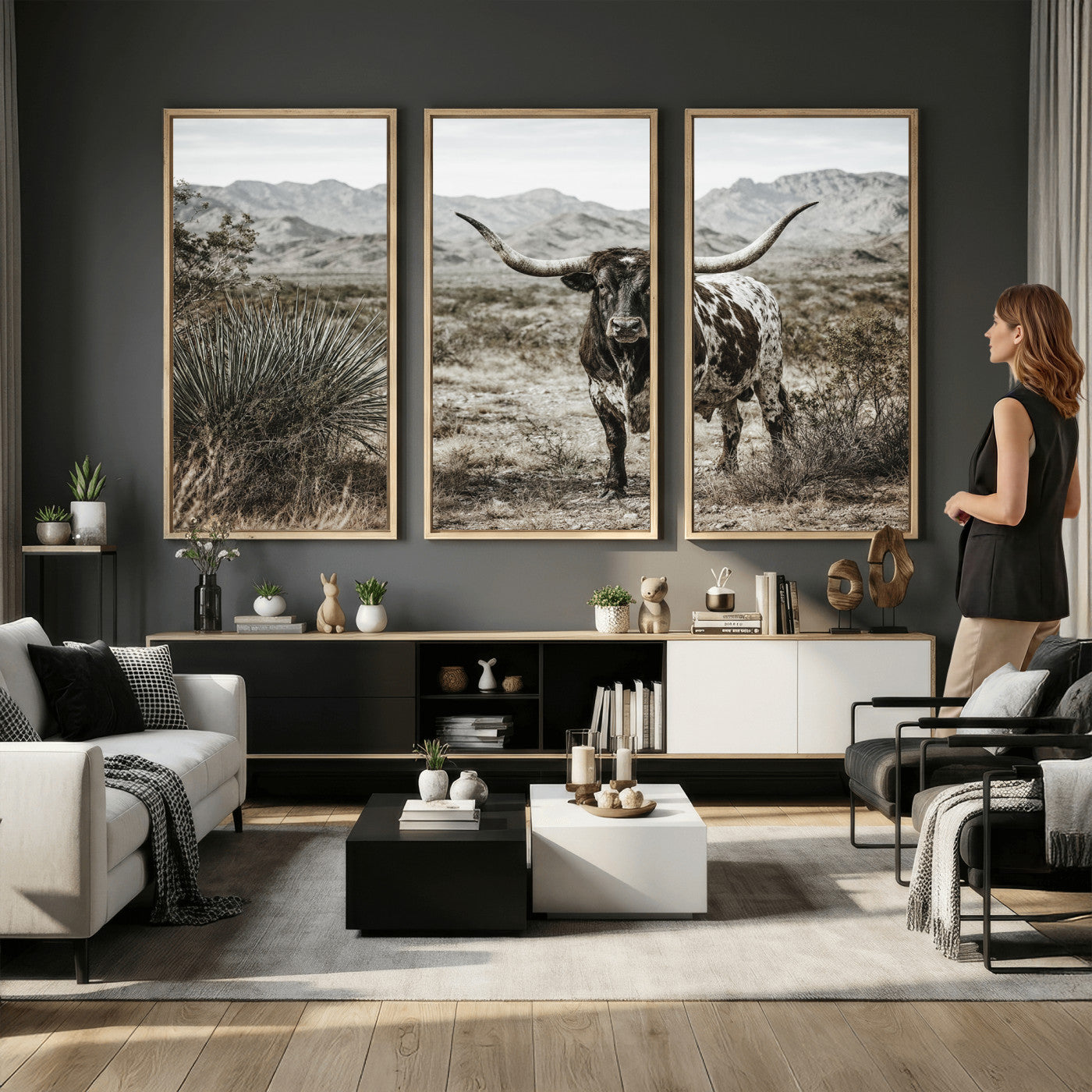 17622011H-MGV-CV-36X24 - Texas Longhorn Bull Wall Art Canvas Print, Western Farmhouse Cowboy Decor, Rustic Texas Ranch Cattle Artwork for Living Room Bedroom Office, Framed Wall Decor