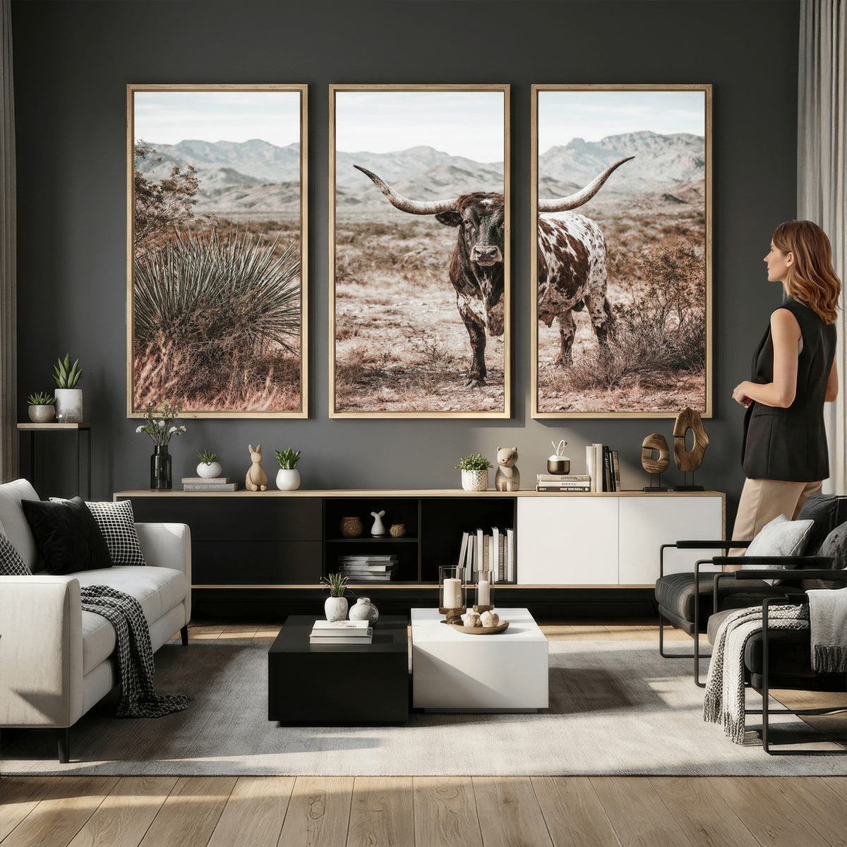 17622011H-MGV-CV-36X24 - Texas Longhorn Bull Wall Art Canvas Print, Western Farmhouse Cowboy Decor, Rustic Texas Ranch Cattle Artwork for Living Room Bedroom Office, Framed Wall Decor