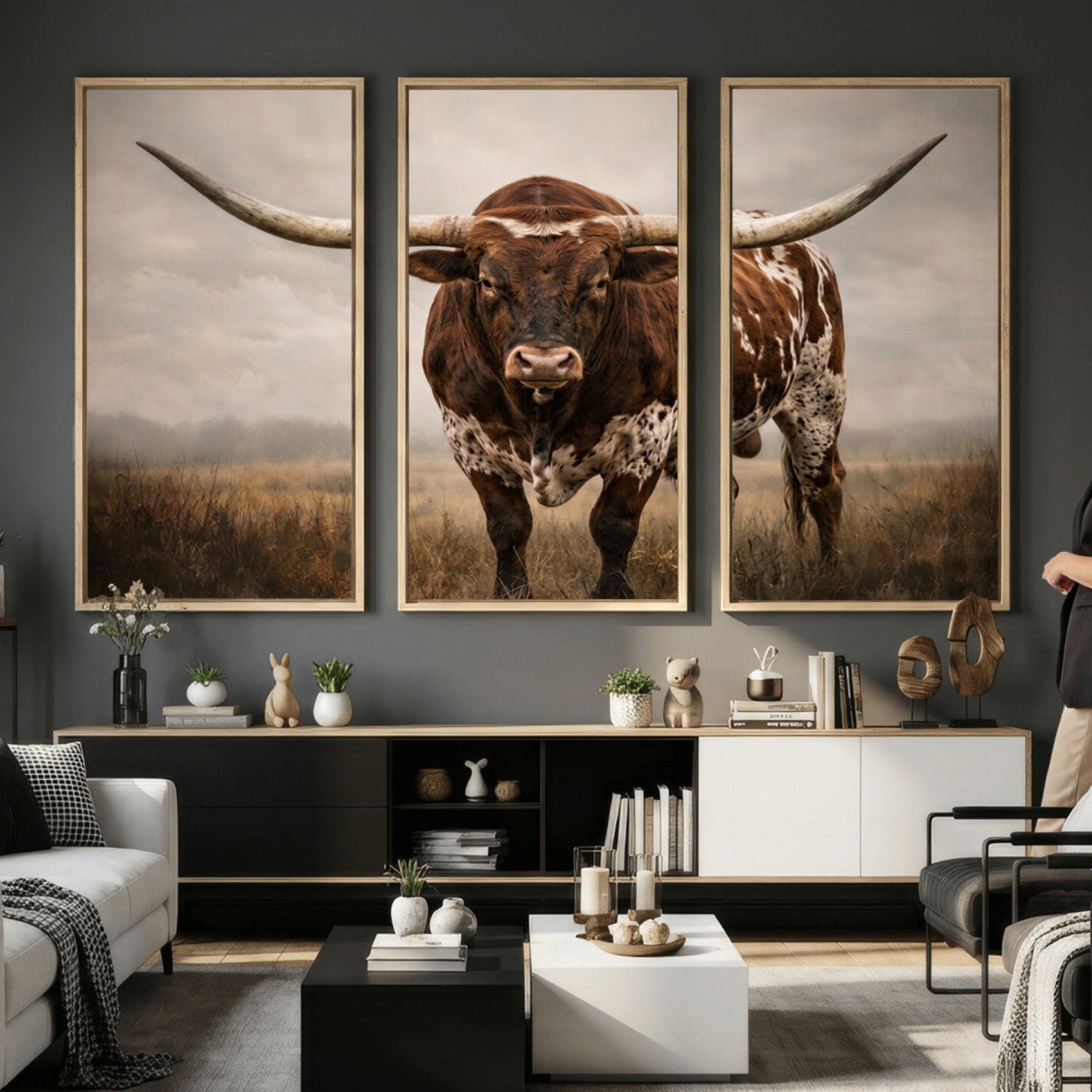 25239047-MGV-CV-36X24 - Texas Longhorn Canvas Wall Art Western Bull Desert Moody Grey Overcast Rustic Farmhouse Framed Large for Living Room Bedroom Office Decor