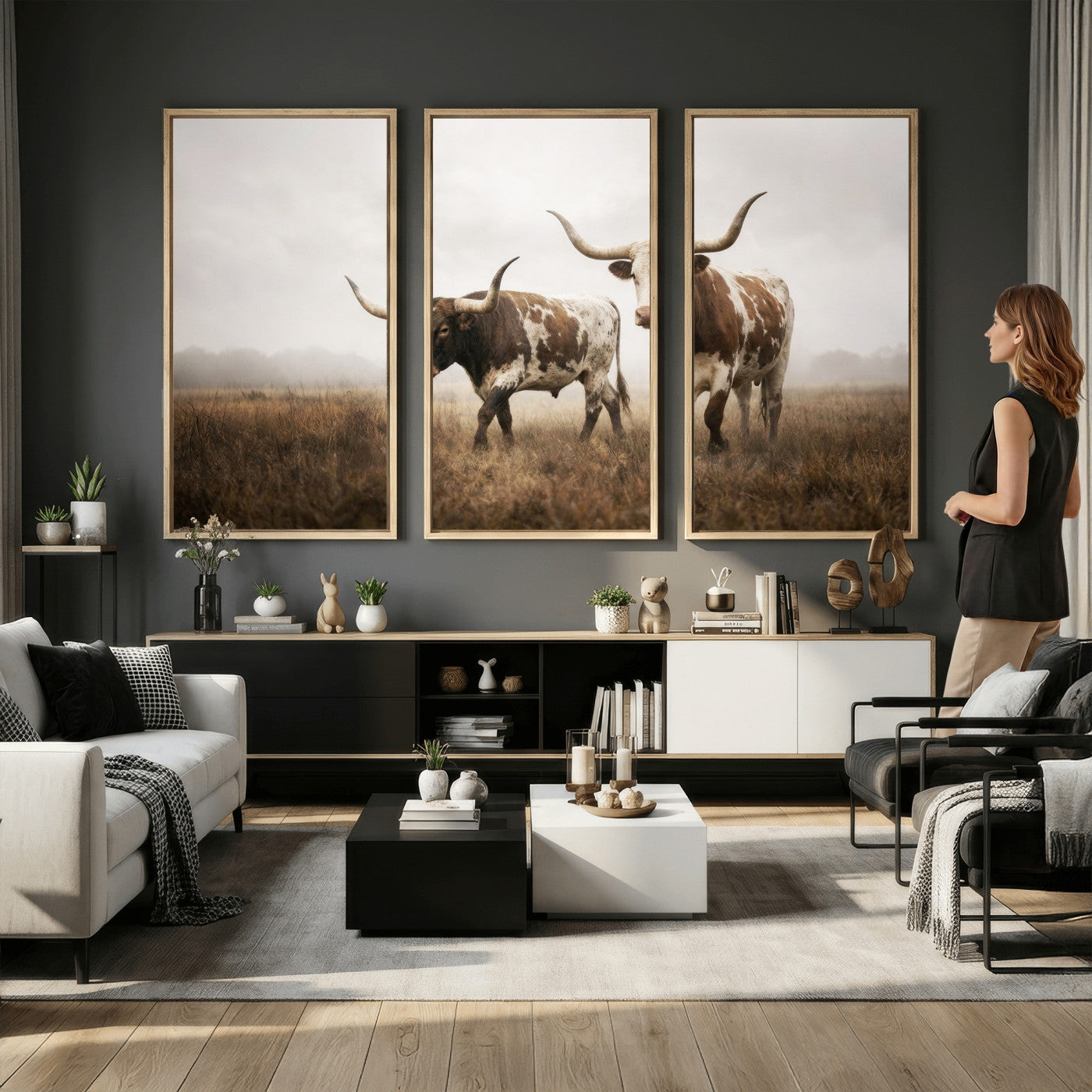 92881702-MGV-CV-36X24 - Texas Longhorn Canvas Wall Art Western Bull Desert Moody Grey Overcast Rustic Farmhouse Framed Large for Living Room Bedroom Office Decor