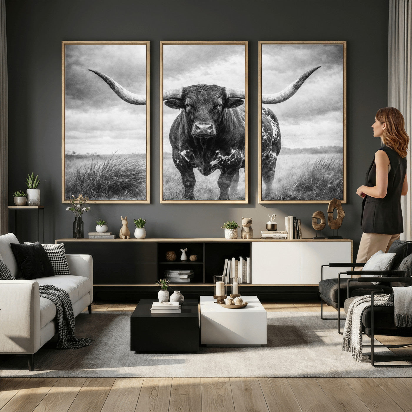 19951238-MGV-CV-36X24 - Texas Longhorn Canvas Wall Art Western Bull Desert Moody Grey Overcast Rustic Farmhouse Framed Large for Living Room Bedroom Office Decor