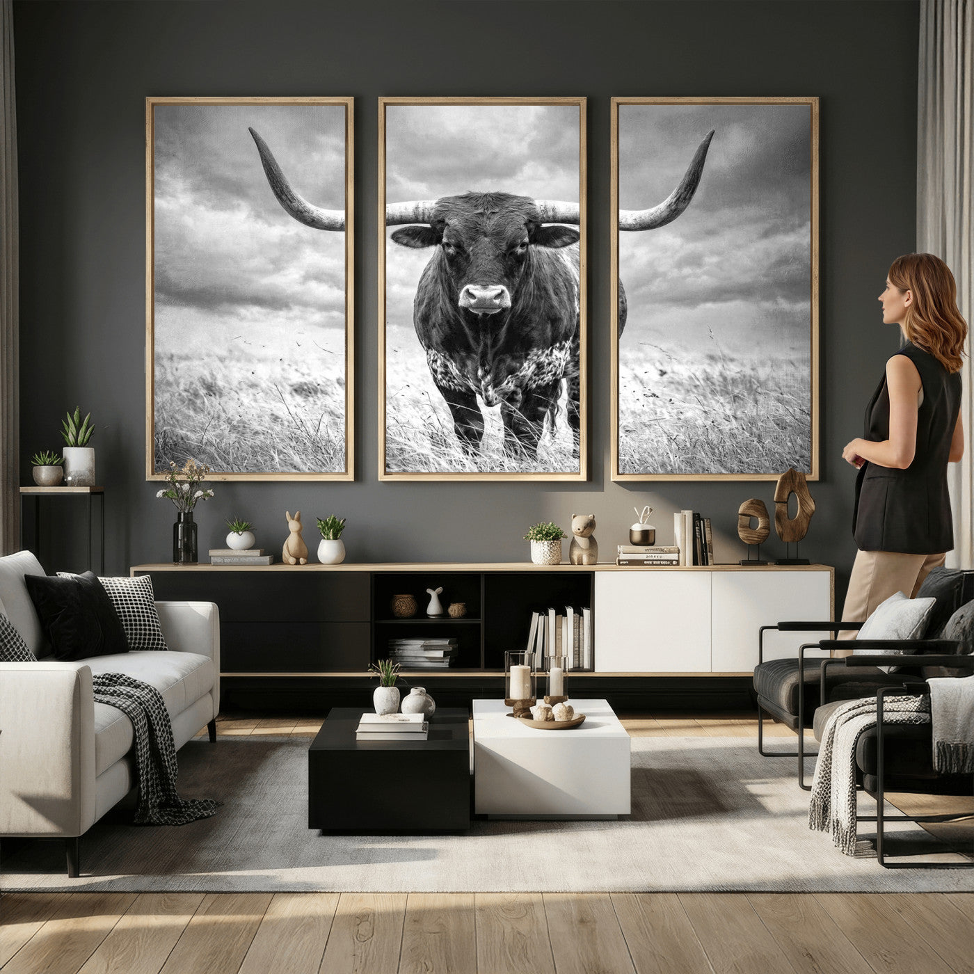 63336115-MGV-CV-36X24 - Texas Longhorn Canvas Wall Art Western Bull Desert Moody Grey Overcast Rustic Farmhouse Framed Large for Living Room Bedroom Office Decor