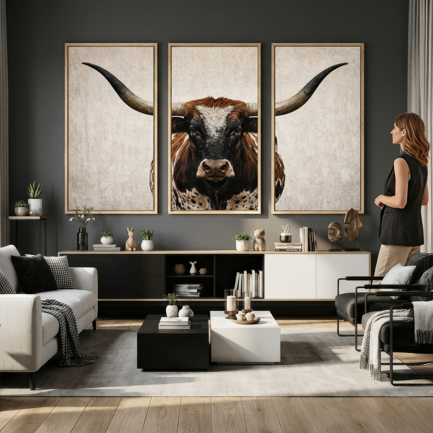 58622065-MGV-CV-36X24 - Texas Longhorn Canvas Wall Art Western Bull Desert Moody Grey Overcast Rustic Farmhouse Framed Large for Living Room Bedroom Office Decor