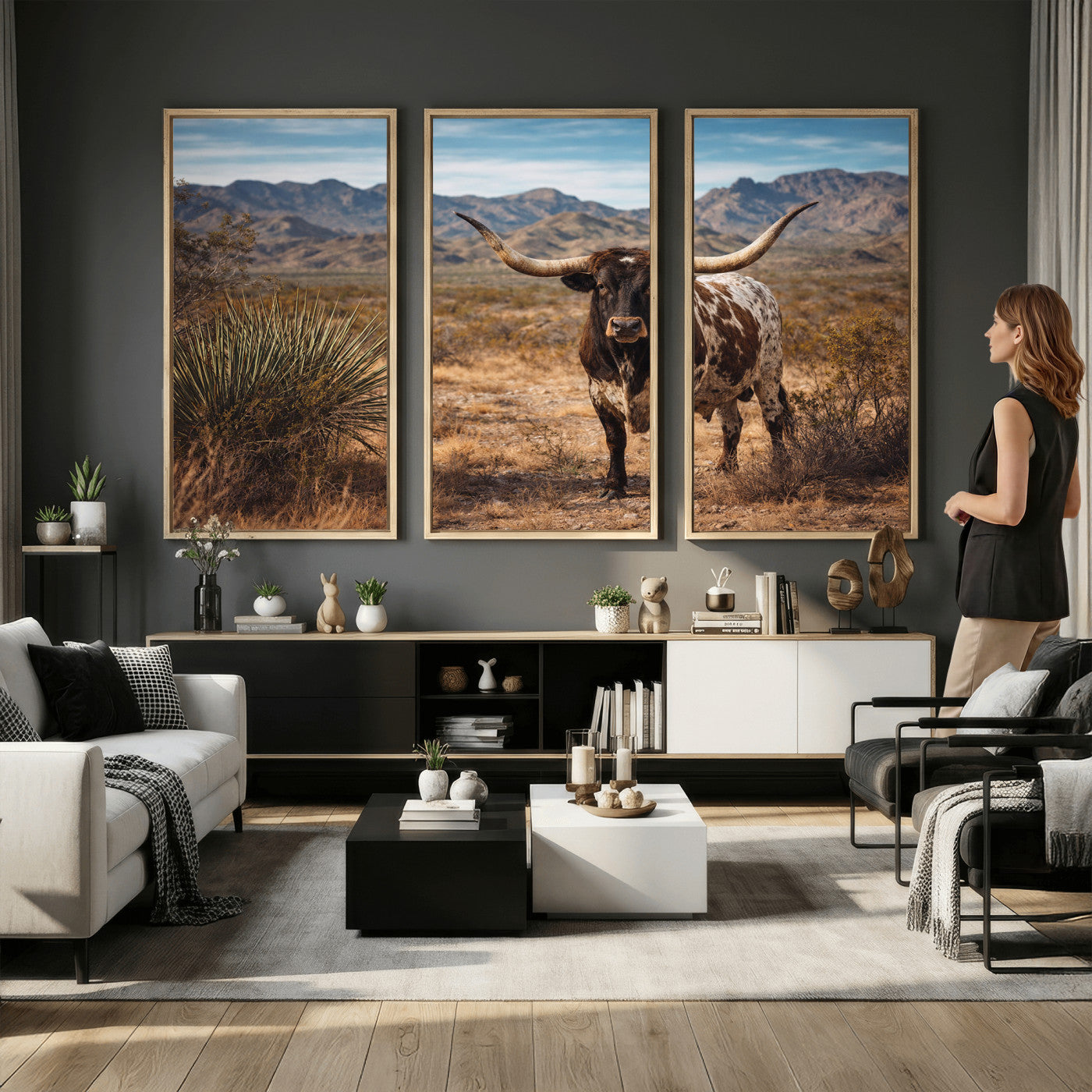 26448918-MGV-CV-36X24 - Texas Longhorn Canvas Wall Art Western Bull Desert Moody Grey Overcast Rustic Farmhouse Framed Large for Living Room Bedroom Office Decor