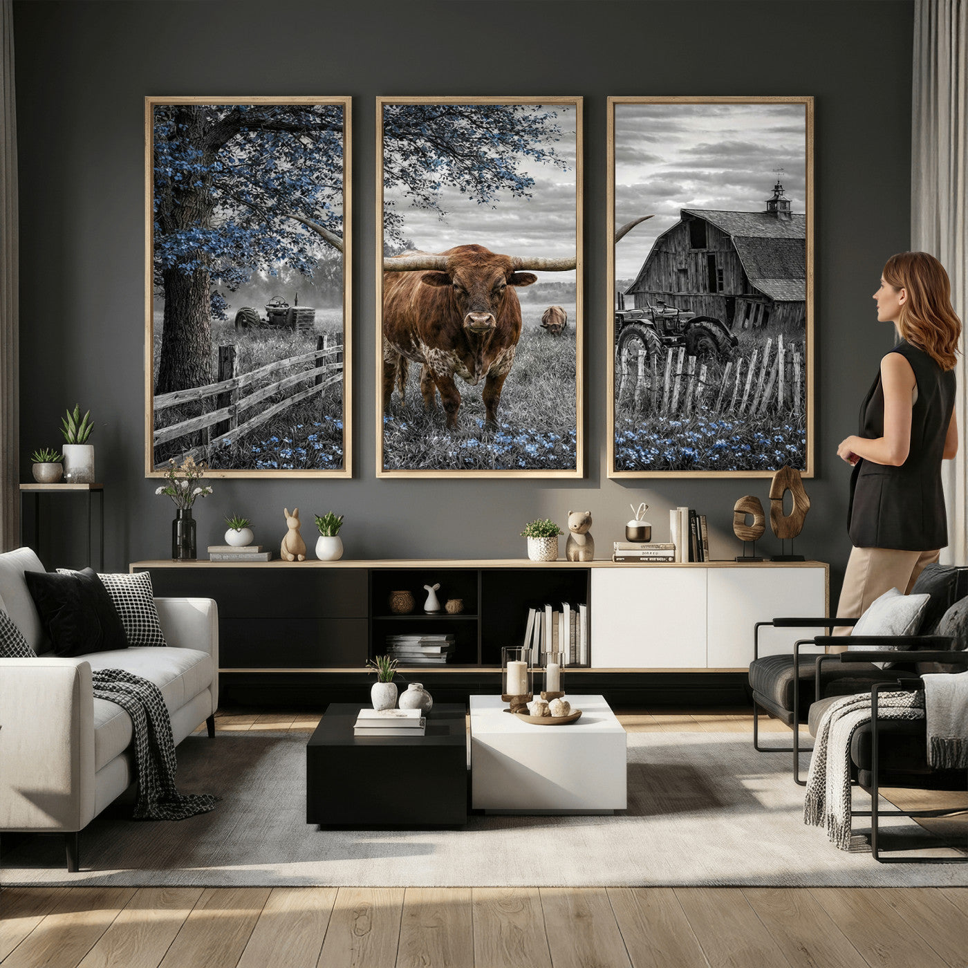 19366343-MGV-CV-36X24 - Texas Longhorn Canvas Wall Art, Rustic Farm Barn Bluebonnet Photography Print, Farmhouse Country Decor, Western Ranch Art, Old Truck Tractor Print