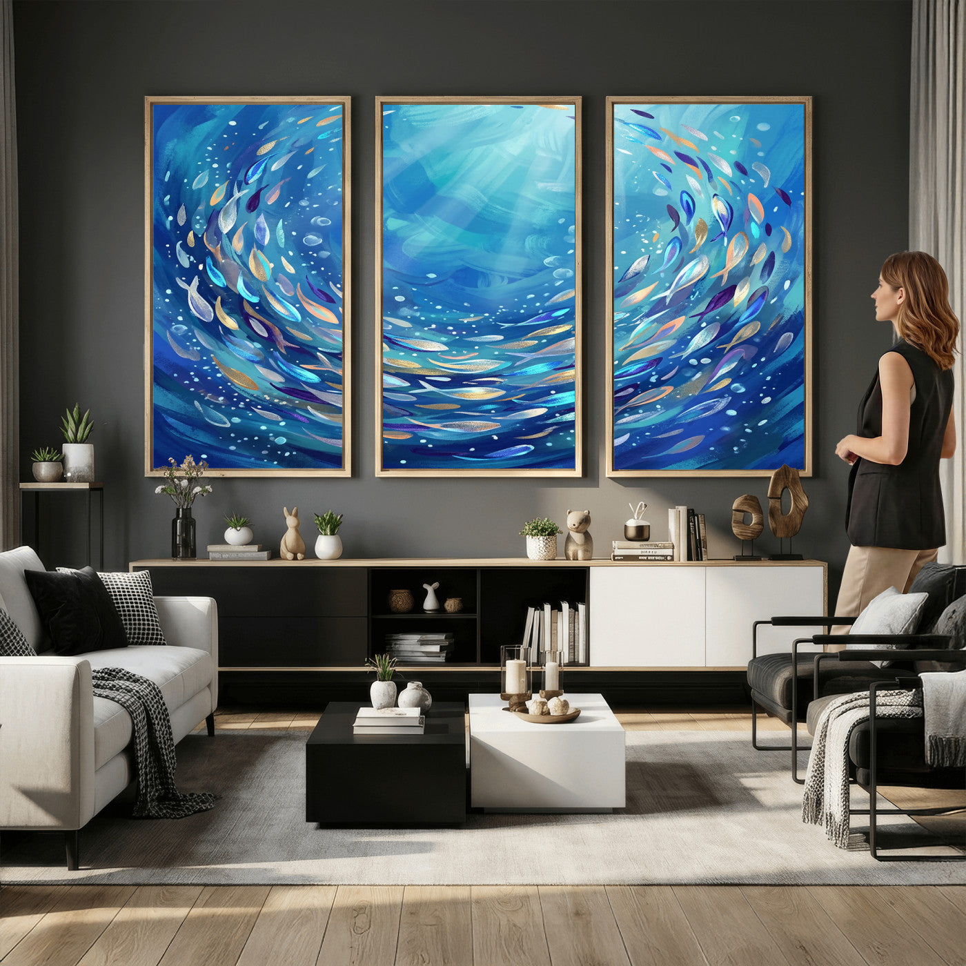 78699899-MGV-CV-36X24 - School of Fish Canvas Print | Blue Ocean Underwater Wall Art | Swirling Fish Shoal Illustration | Marine Navy Coastal Decor