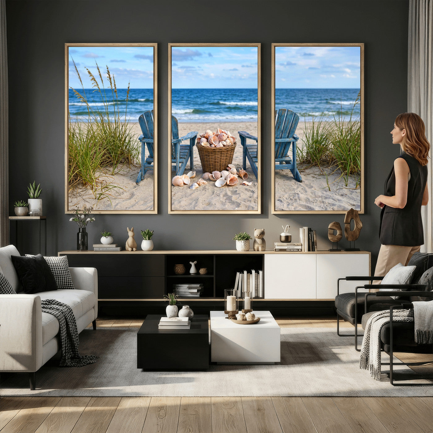 80268829-MGV-CV-36X24 - Large Beach Canvas Wall Art Coastal Adirondack Chairs Ocean Seashells Blue Nautical Framed Large for Living Room Bedroom Bathroom Decor