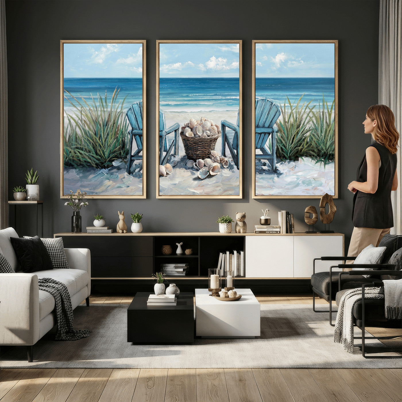 11973028-MGV-CV-36X24 - Beach Canvas Wall Art Coastal Adirondack Chairs Ocean Seashells Blue Nautical Framed Large for Living Room Bedroom Bathroom Decor