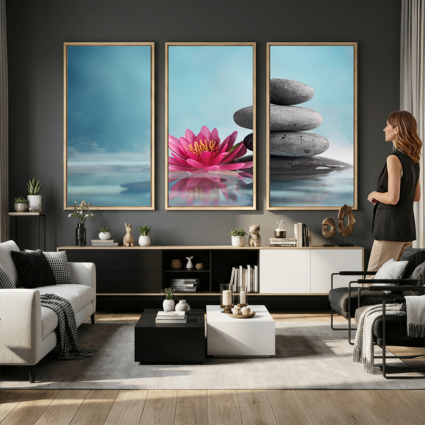 84293154-MGV-CV-36X24 - Zen Canvas Wall Art Lotus Flower Stacked Stones Teal Spa Meditation Relaxation Framed Large for Bathroom Bedroom Living Room Office Decor