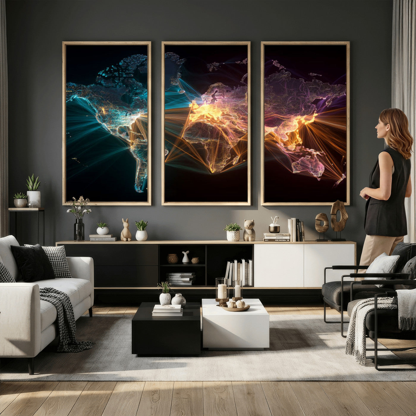 14891737-MGV-CV-36X24 - World Map and Global Flight Routes Map Canvas Wall Art, Worldwide Aviation Network Print, International Air Travel Wall Decor