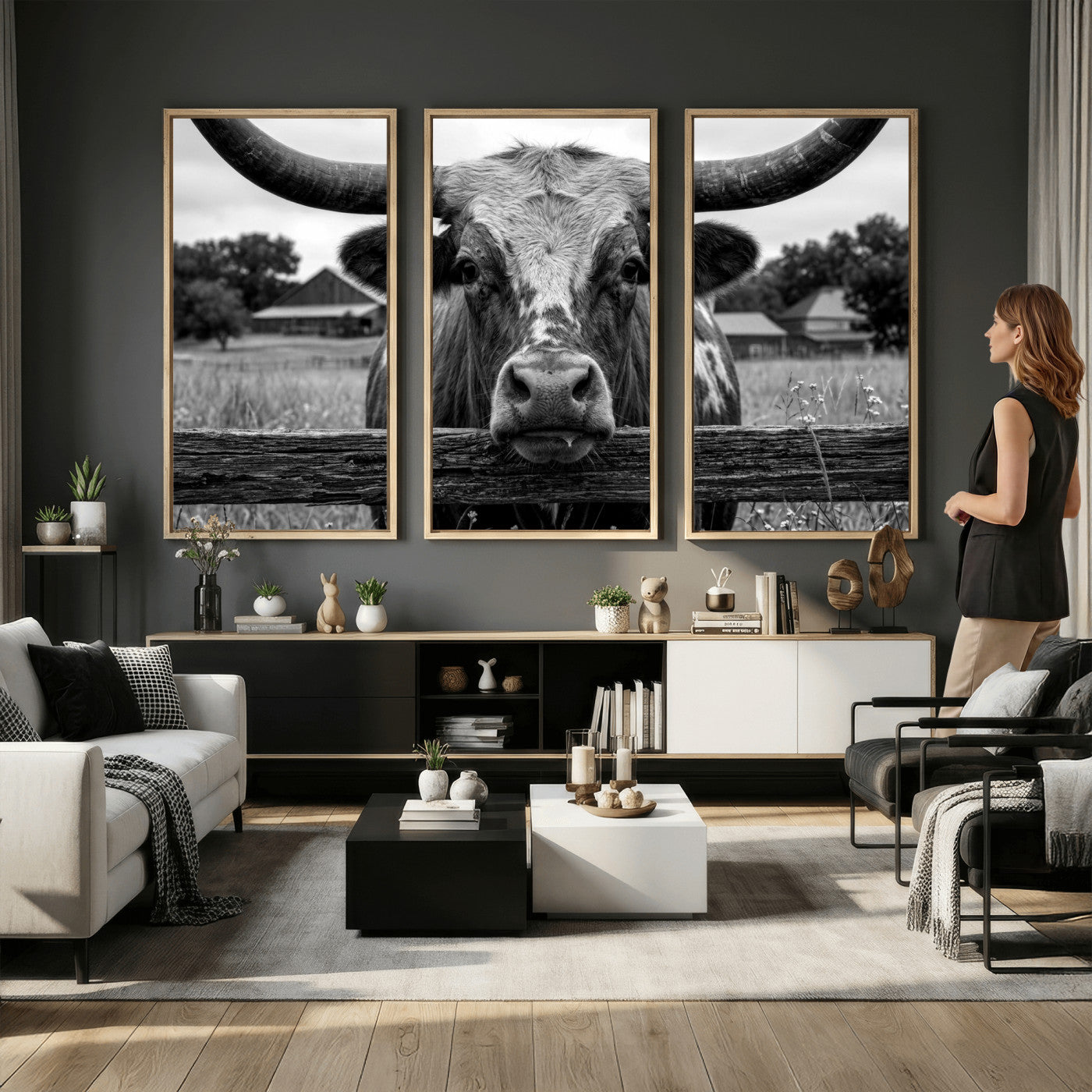 59378683B-MGV-CV-36X24 - Black White Texas Longhorn Bull Canvas Wall Art, Western Ranch Cattle Photography Print, Rustic Farmhouse Cowboy Decor Artwork