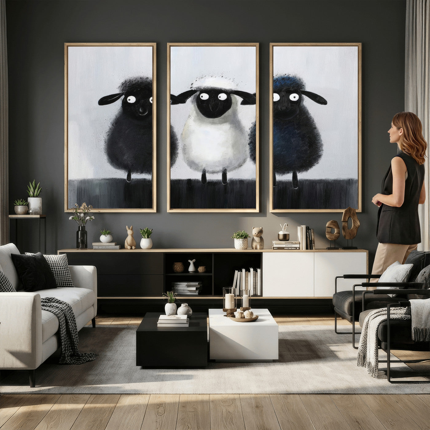 45650028-MGV-CV-36X24 - Funny Sheep Canvas Wall Art, Three Quirky Sheep Painting Print, Cute Animal Nursery Decor, Black White Navy Farmhouse Art, Kids Room Gift
