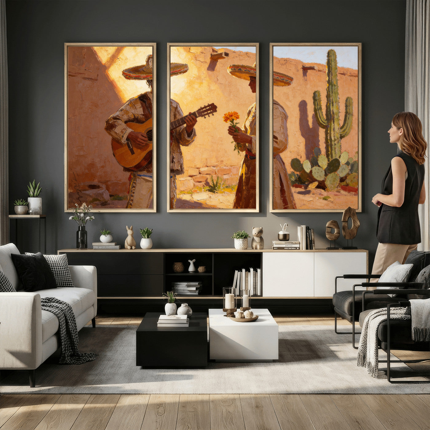 41849005-MGV-CV-36X24 - Mexican Couple Canvas Wall Art, Romantic Serenade Guitar Painting Print, Southwestern Desert Adobe Decor, Warm Golden Folk Art, Living Room Art
