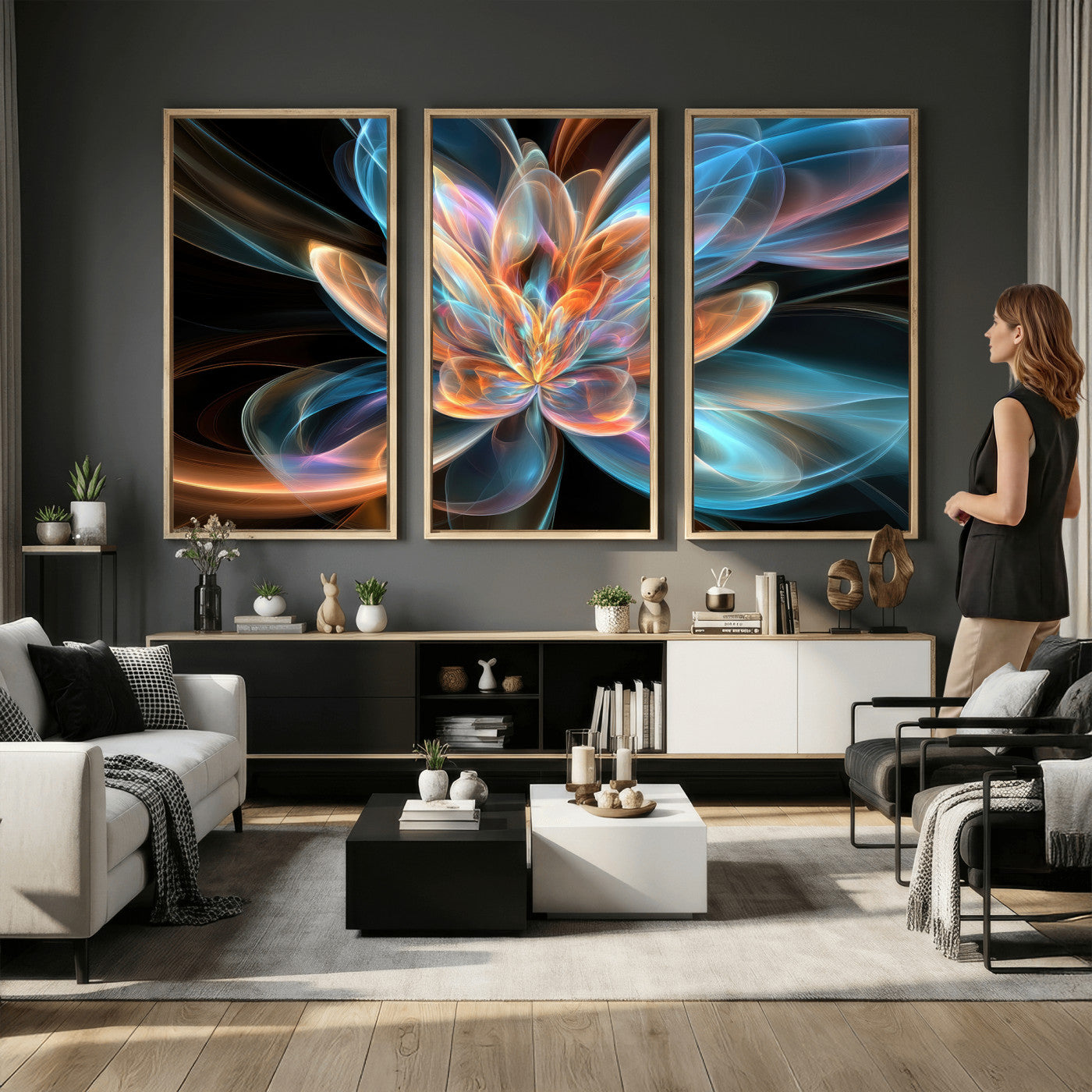 91902283-MGV-CV-36X24 - Fractal Lotus Canvas Wall Art, Blue Orange Glowing Flower Abstract Print, Modern Zen Meditation Room Decor, Ethereal Digital Art, Living Room