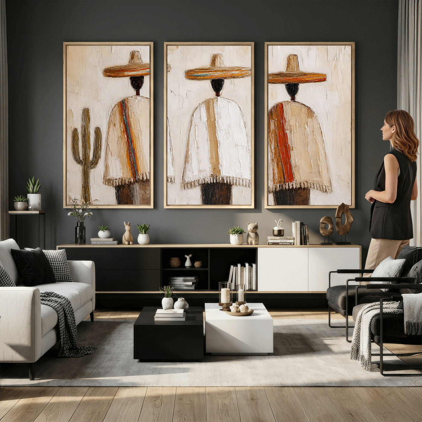 72884785-MGV-CV-36X24 - Mexican Folk Art Canvas Wall Art, Southwestern Sombrero Poncho Painting, Neutral Earthy Boho Decor, Fiesta Living Room Art, Impasto Style Print