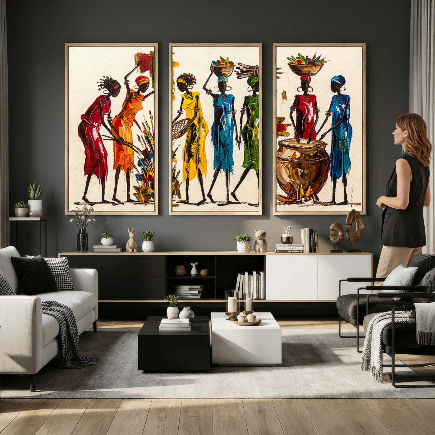 83463154-MGV-CV-36X24 - African Folk Art Canvas Wall Art, Colorful African Women Village Painting Print, Tribal Ethnic Home Decor, Vibrant African Art, Living Room