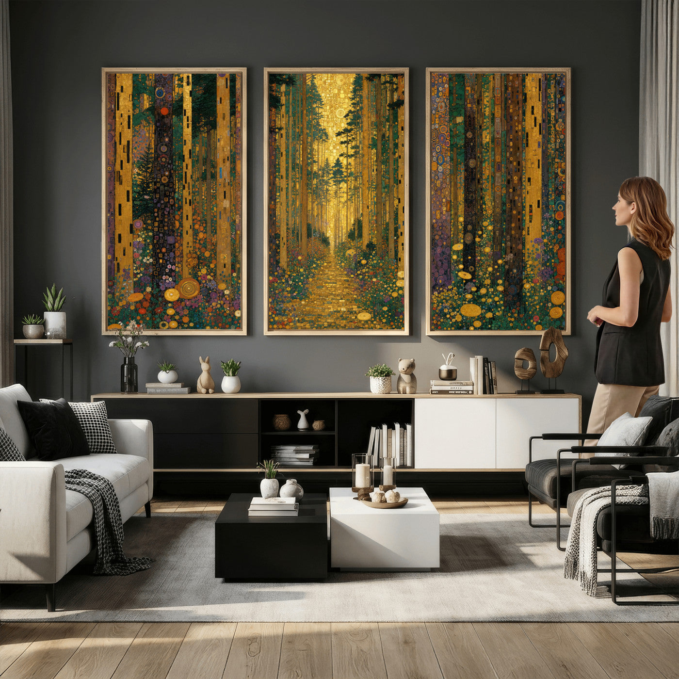 79483321G-MGV-CV-48X32-3P - Gustav Klimt Style Forest Canvas Wall Art, Golden Forest Path Floral Art Nouveau Print, Enchanted Woodland Decor